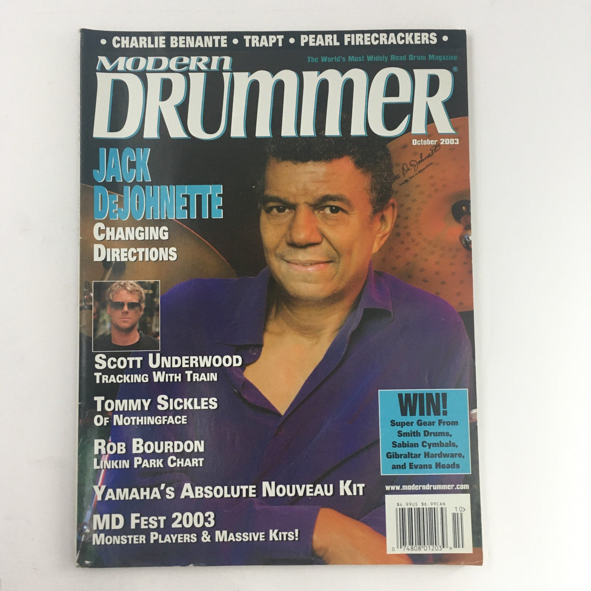 Modern Drummer Magazine October 2003 featuring Jack DeJohnette and Scott Underwood, showcasing drumming techniques and artist contributions.