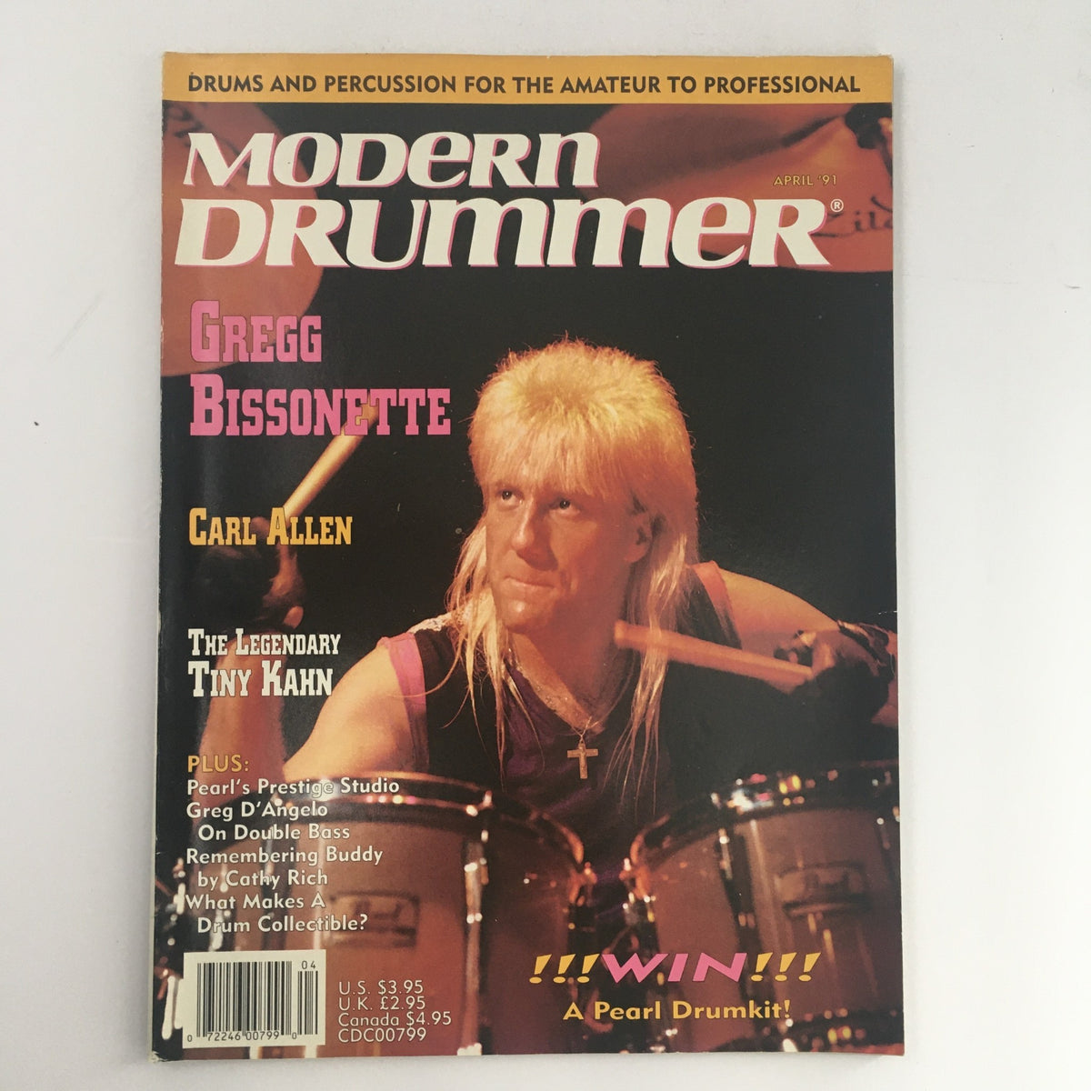 Cover of Modern Drummer Magazine April 1991 featuring Gregg Bissonette, Carl Allen, and Tiny Kahn, showcasing drumming techniques and trends.