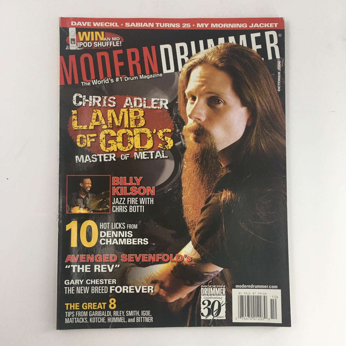 Modern Drummer Magazine October 2006 featuring Chris Adler on the cover with a prominent beard, alongside Billy Kilson and Gary Chester. The magazine highlights their contributions to drumming and includes features on drumming techniques and cultural impact.
