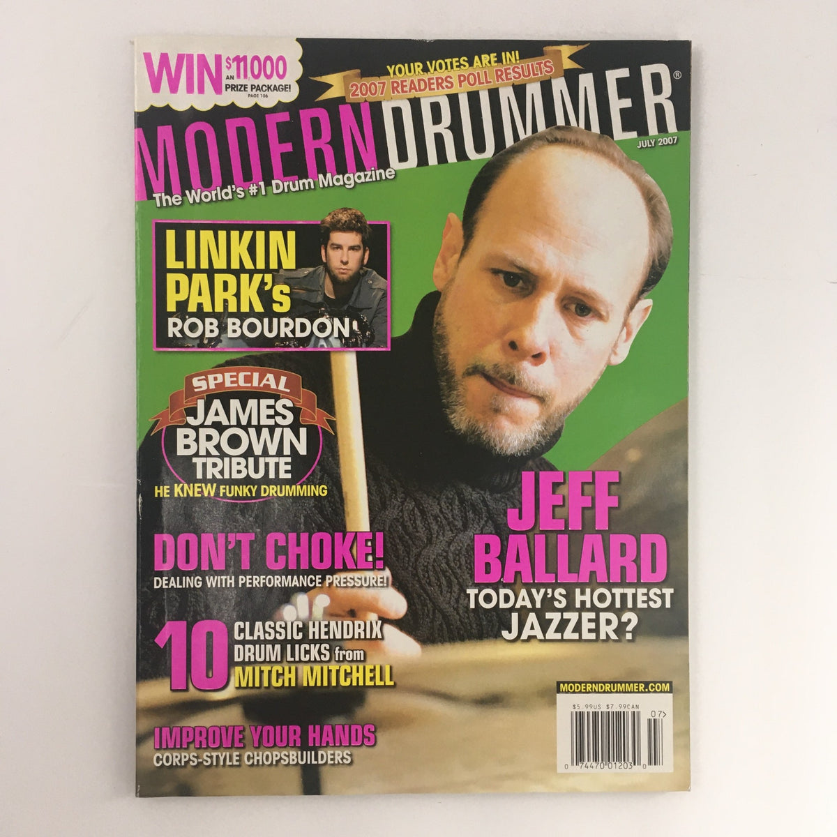 Cover of Modern Drummer Magazine July 2007 featuring Rob Bourdon, Jeff Ballard, and a tribute to James Brown. This vintage magazine showcases the influence of drumming culture.