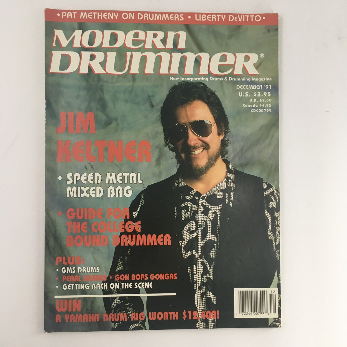 Modern Drummer Magazine December 1991 featuring Jim Keltner on the cover, showcasing articles on drumming techniques and music trends from the early '90s, with notable highlights including interviews and features related to Pat Metheny.