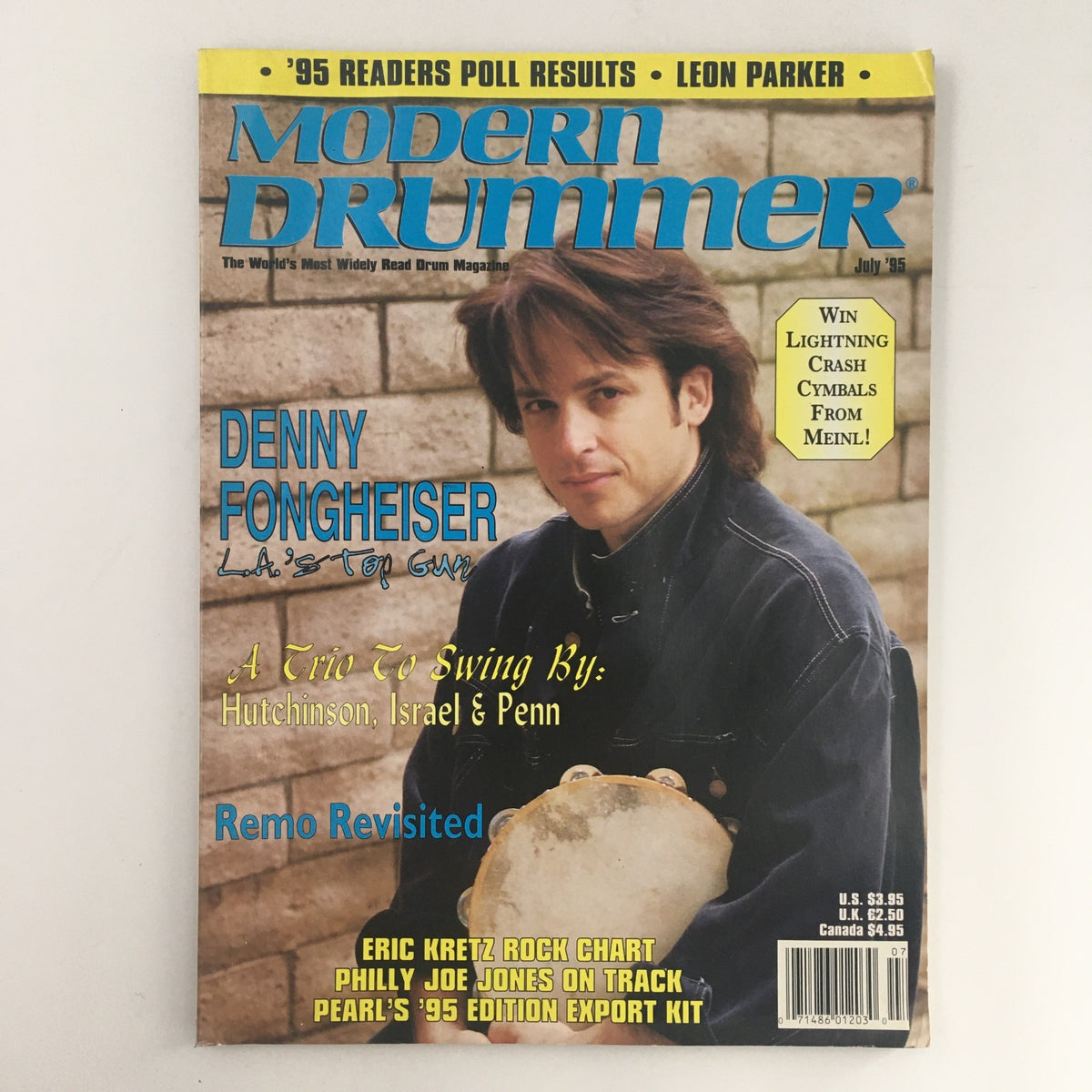 Modern Drummer Magazine July 1995 featuring Denny Fongheiser, showcasing his profile on the cover with a tambourine, celebrating leading drummers and insights into drumming culture.
