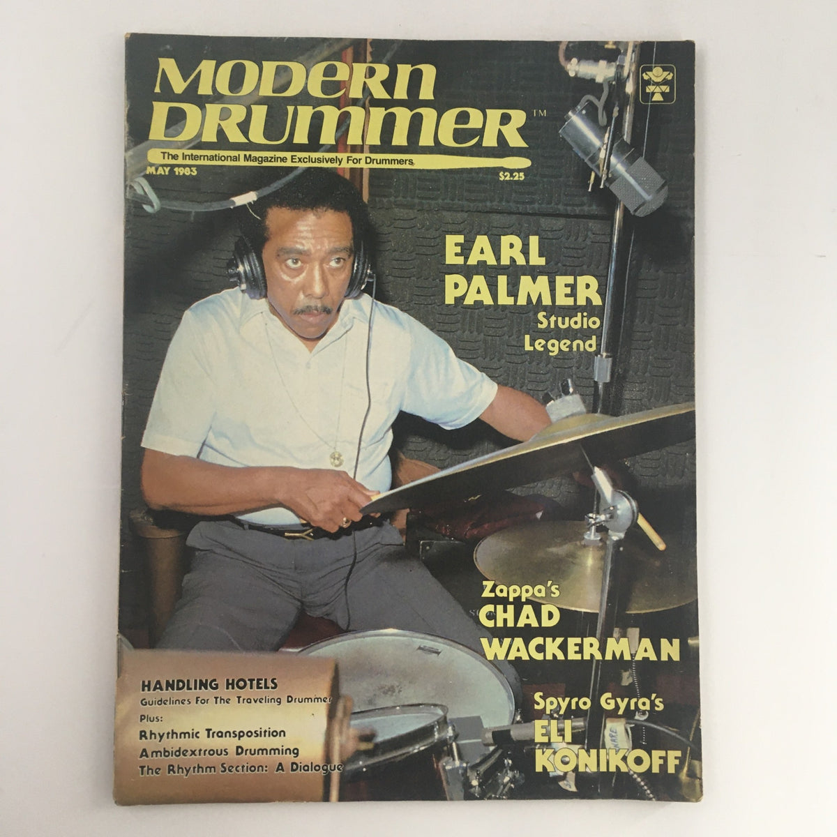 Modern Drummer Magazine, May 1983 featuring Earl Palmer, Studio Legend, highlighted on the cover alongside Chad Wackerman and Eli Konikoff. This collectible vintage magazine captures the essence of the drumming scene in the early 1980s.