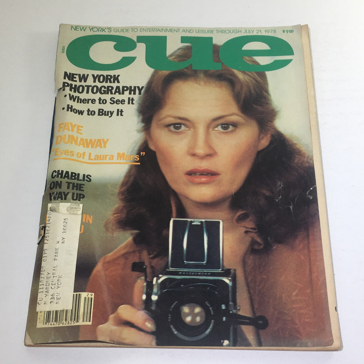 Cue Magazine cover from July 21, 1978 featuring Faye Dunaway, promoting the film 'Eyes of Laura Mars' with a photographer's camera and photography tips. Visible address label and wear.