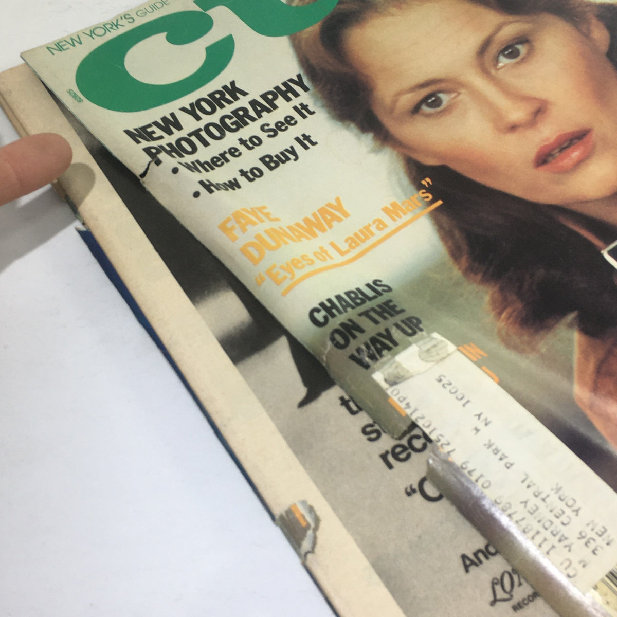 Close-up of the Cue Magazine cover from July 21, 1978, showing the title highlights and address label, featuring Faye Dunaway and 'Eyes of Laura Mars'.