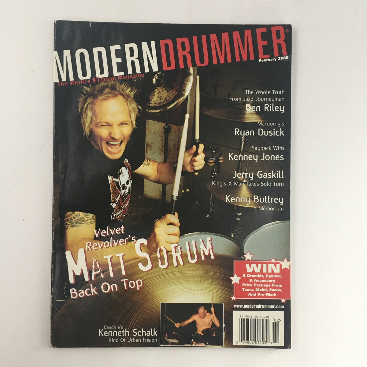 Cover of Modern Drummer Magazine February 2005 featuring Matt Sorum, Ben Riley, and Ryan Dusick, highlighting drumming insights and iconic drummers.
