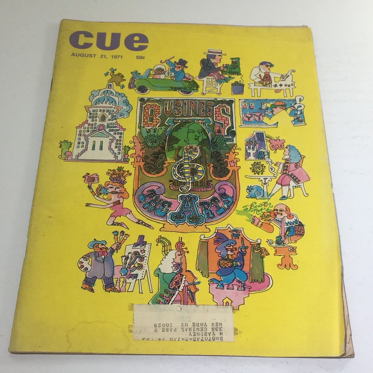 Cue Magazine cover from August 21, 1971, featuring colorful illustrations related to business and the arts, with a vibrant yellow background and whimsical characters engaging in artistic activities.