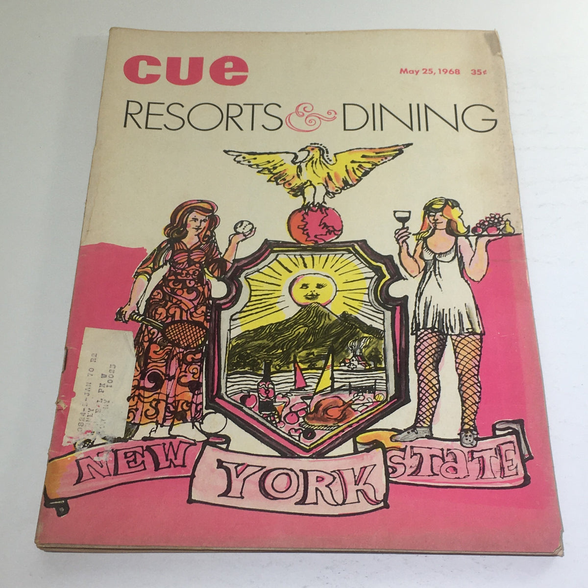 Cue Magazine cover from May 25, 1968, featuring Resorts and Dining in New York State, showcasing colorful artwork with prominent illustrations including figures and scenic elements.