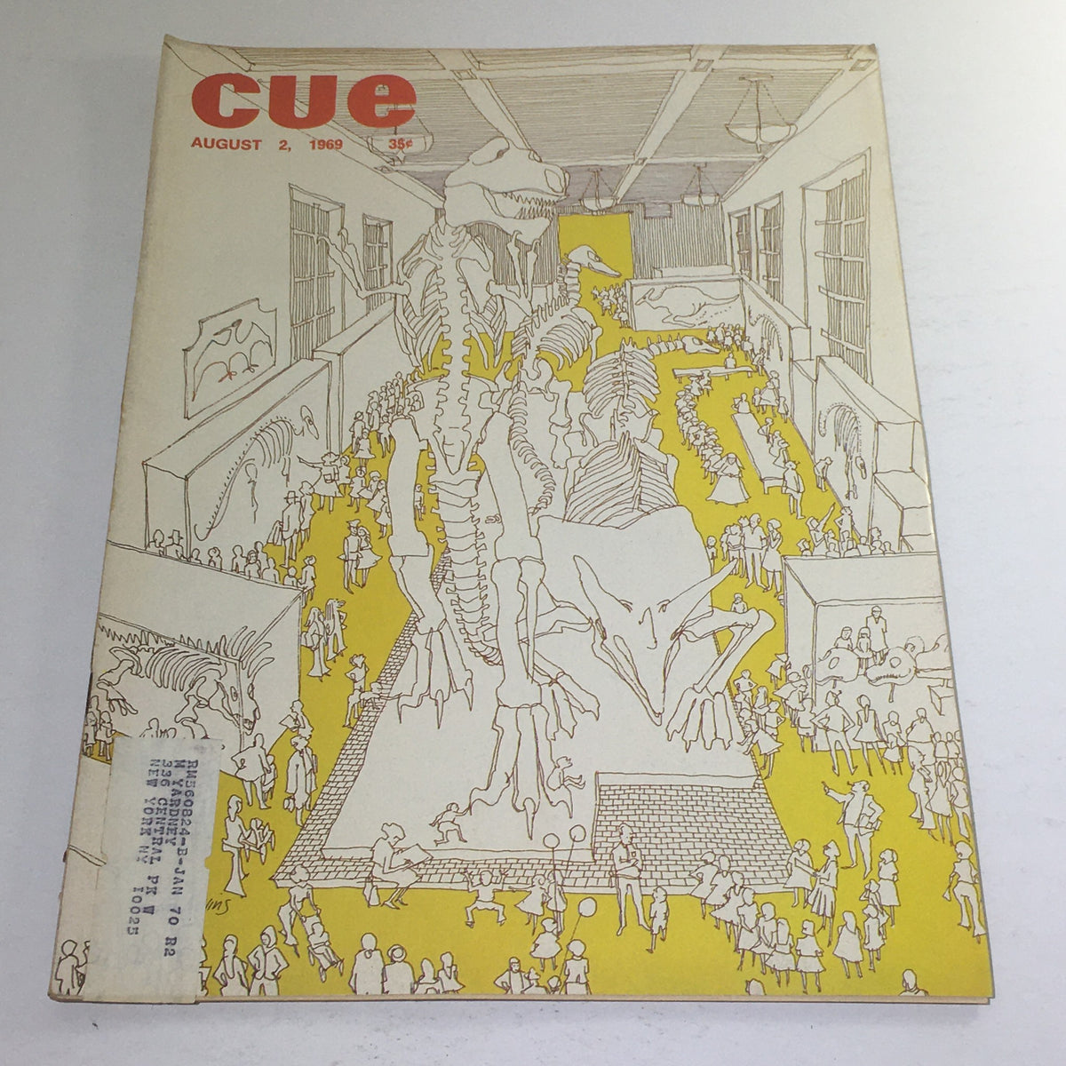 Cover of Cue Magazine from August 2, 1969 featuring an illustration of dinosaur fossils in an exhibit, showcasing people admiring the displays.