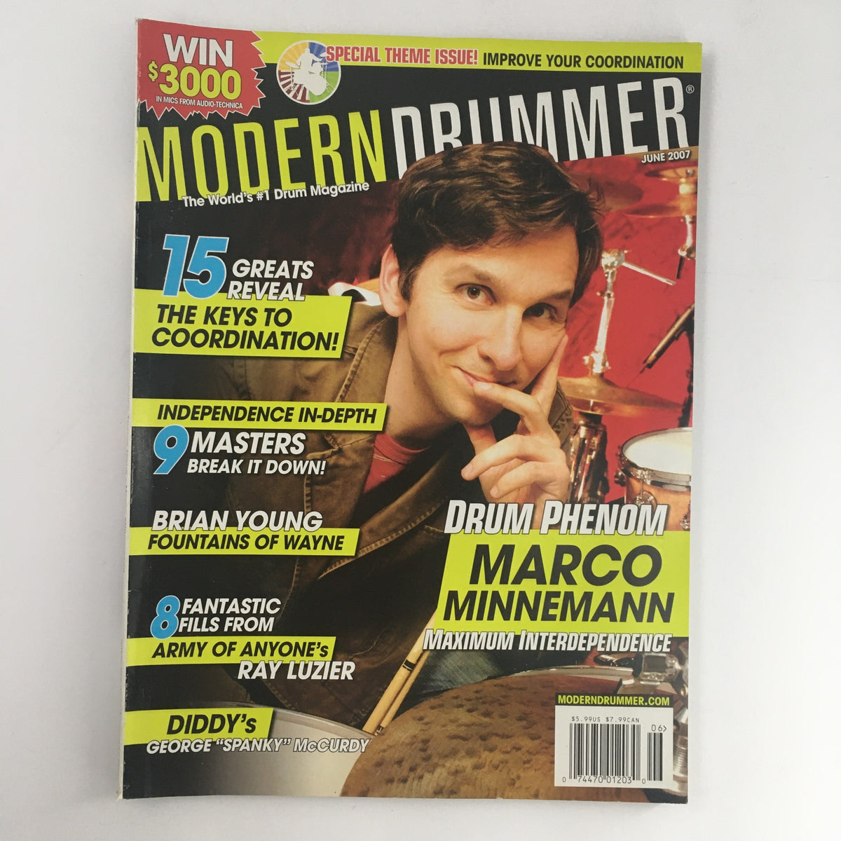 Modern Drummer Magazine June 2007 featuring Marco Minnemann on the cover, showcasing articles on drumming techniques and interviews with notable drummers.