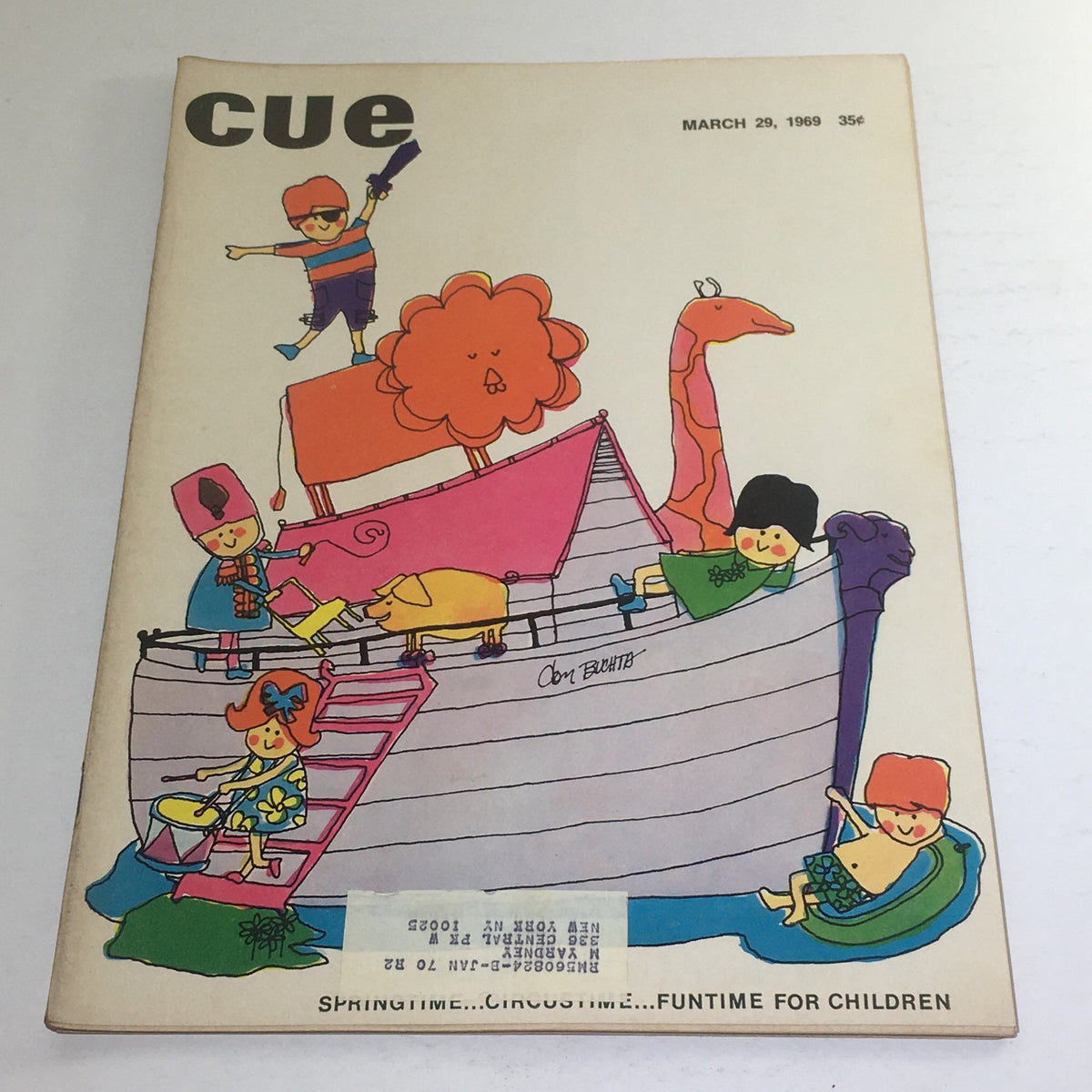 Cue Magazine: March 29, 1969 featuring a colorful illustrated cover by Dom Buchta, showcasing playful cartoon characters on a whimsical boat, ideal for vintage collectors and nostalgia enthusiasts.