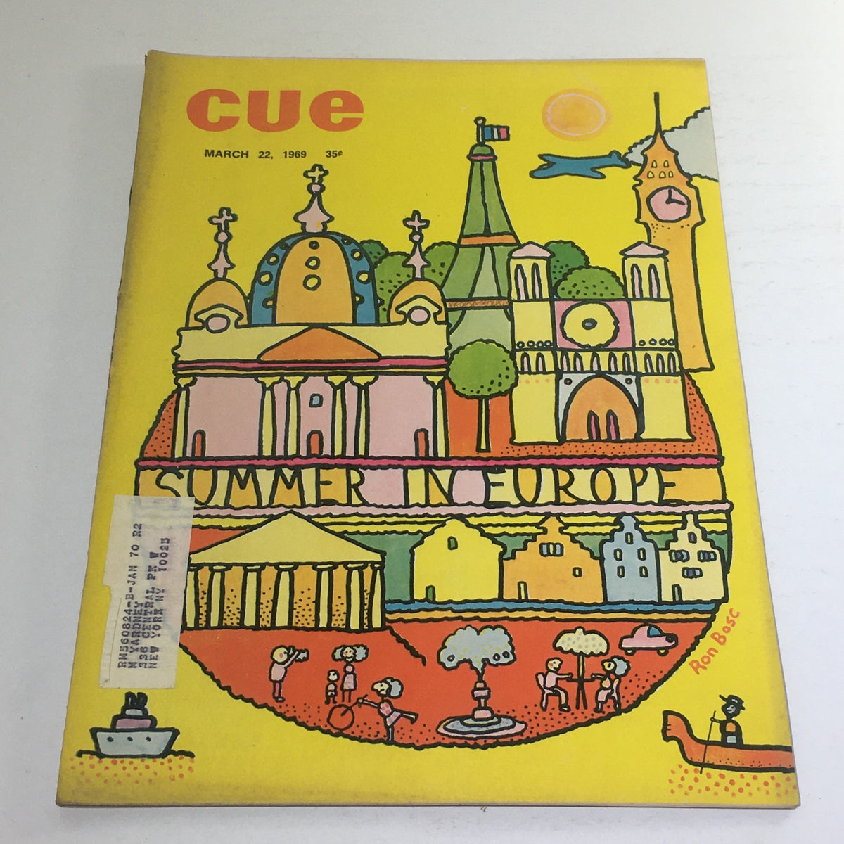 Cover of Cue Magazine: March 22, 1969, featuring vibrant theme art by Ron Bosc, depicting cultural landmarks and summer scenes in Europe, ideal for vintage magazine collectors.