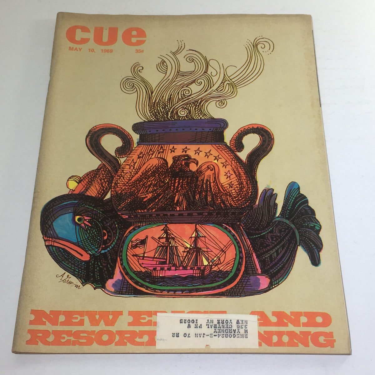 Cover of Cue Magazine dated May 10, 1969, featuring vibrant artwork by Abe Gurvin, showcasing a distinctive illustration of a teapot and ship, with the title boldly displayed.
