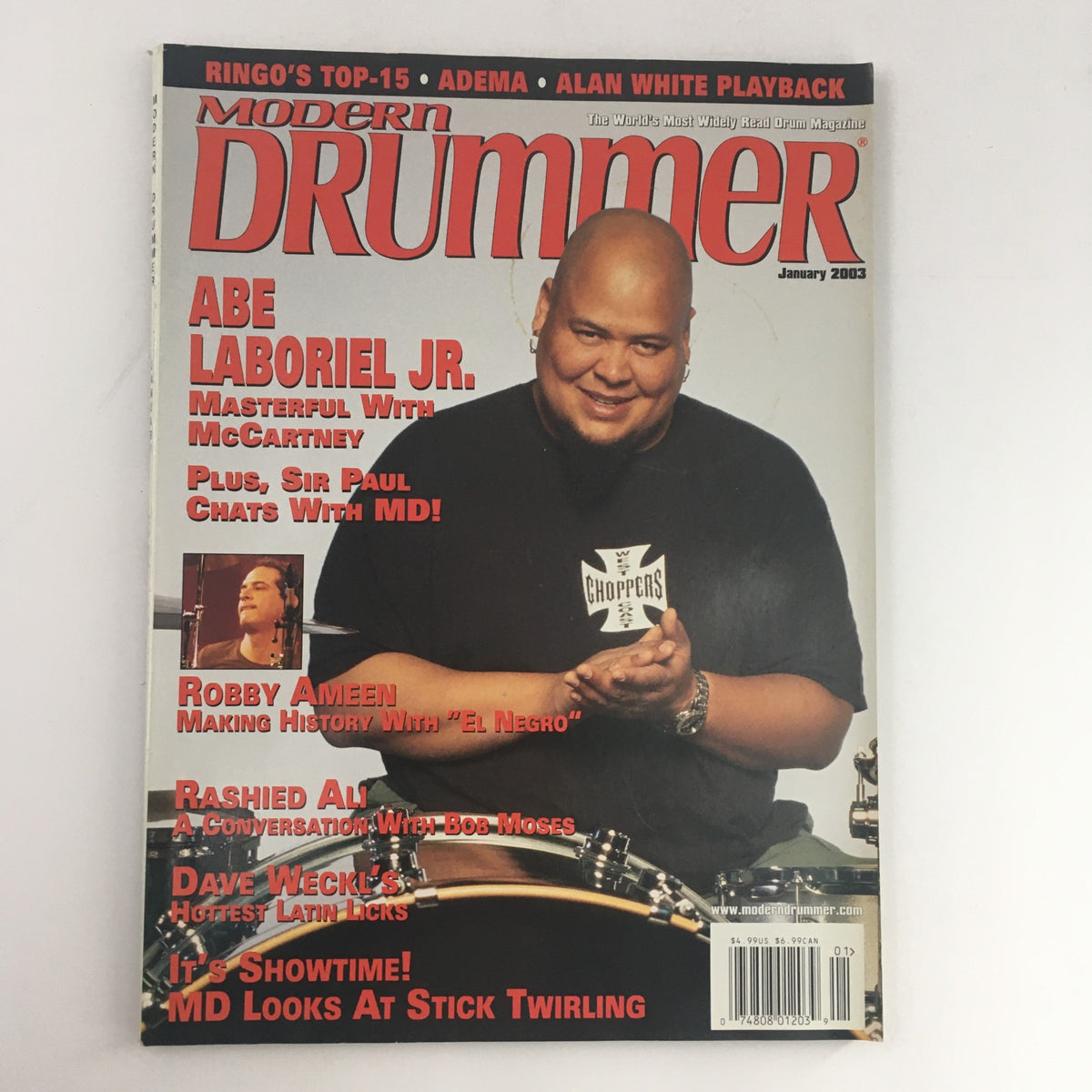 Cover of Modern Drummer Magazine January 2003 featuring Abe Laboriel Jr. and Robby Ameen, highlights drumming icons and their contributions to music.