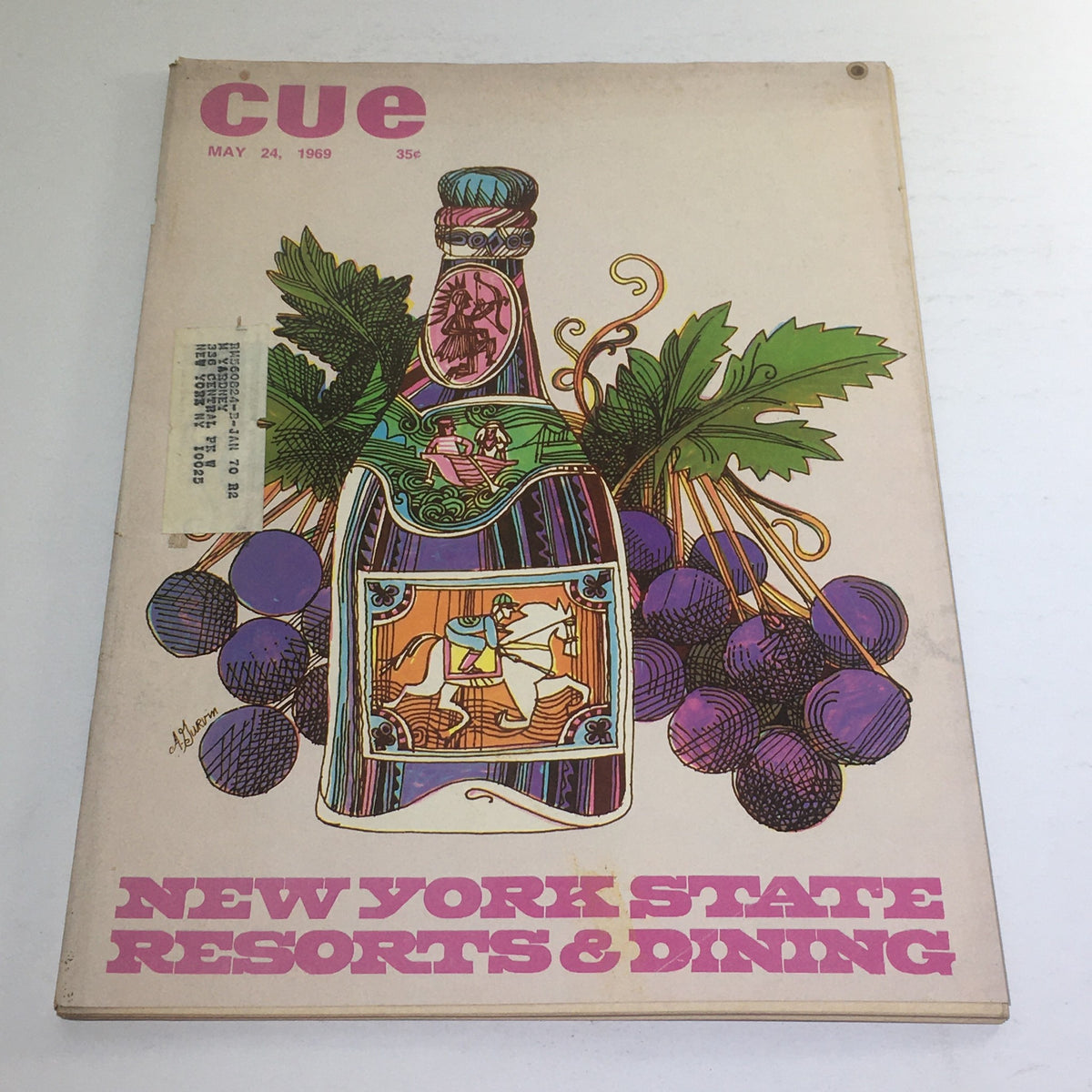 Cue Magazine: May 24, 1969 with colorful theme cover by Abe Gurvin featuring a vibrant illustration of a bottle and grapes, ideal for vintage magazine collectors.
