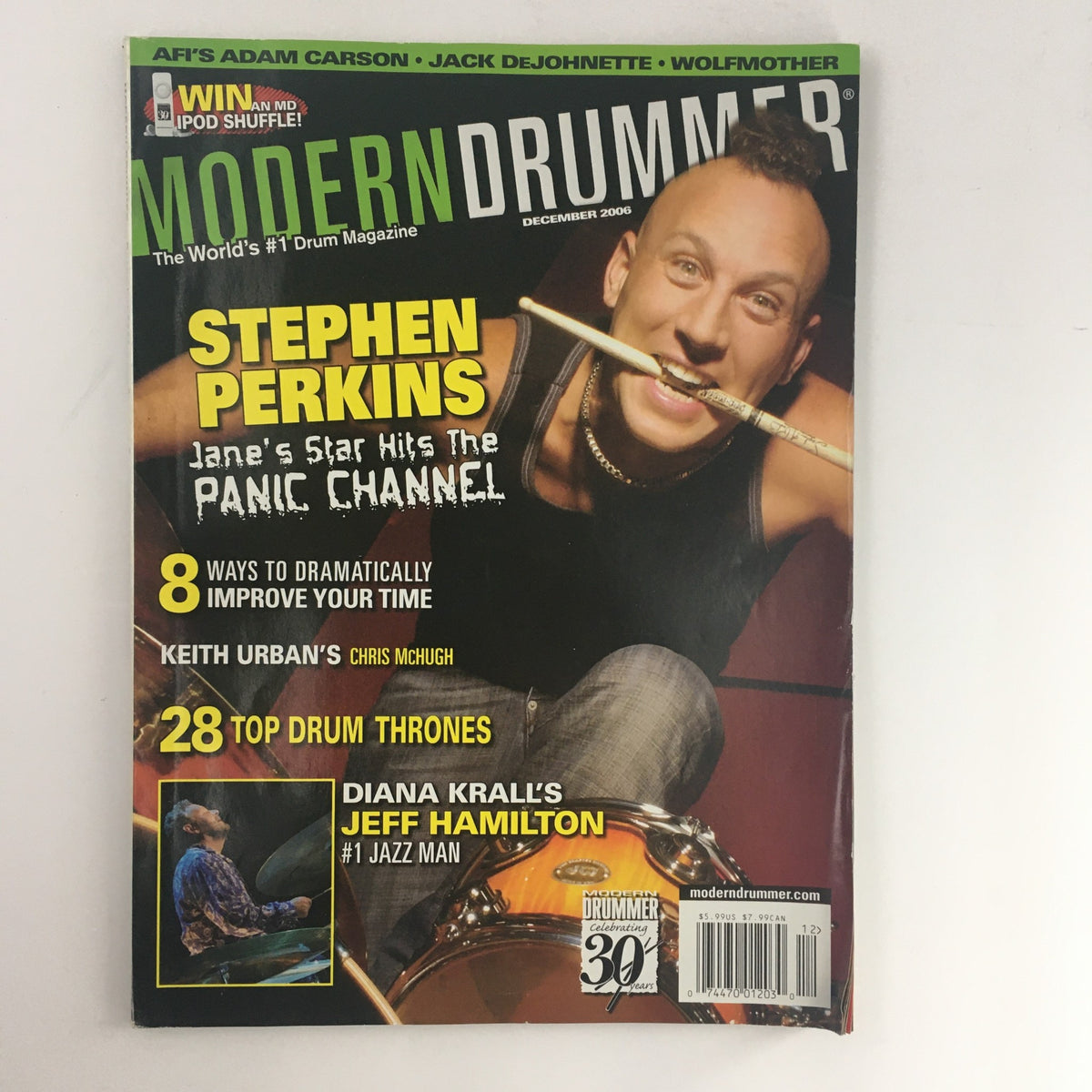 Modern Drummer Magazine December 2006 featuring Stephen Perkins and Jeff Hamilton, showcasing jazz musicians on the cover, highlighting drum techniques and performances.