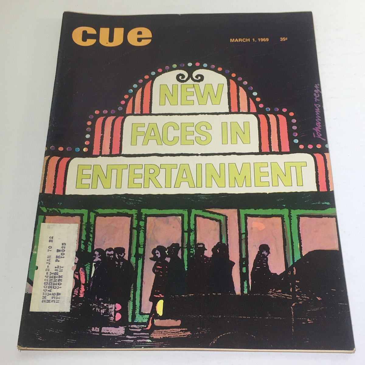 Cover of Cue Magazine from March 1, 1969, featuring vibrant artwork by Johannes Regn, showcasing the theme 'New Faces in Entertainment' with a colorful street scene.