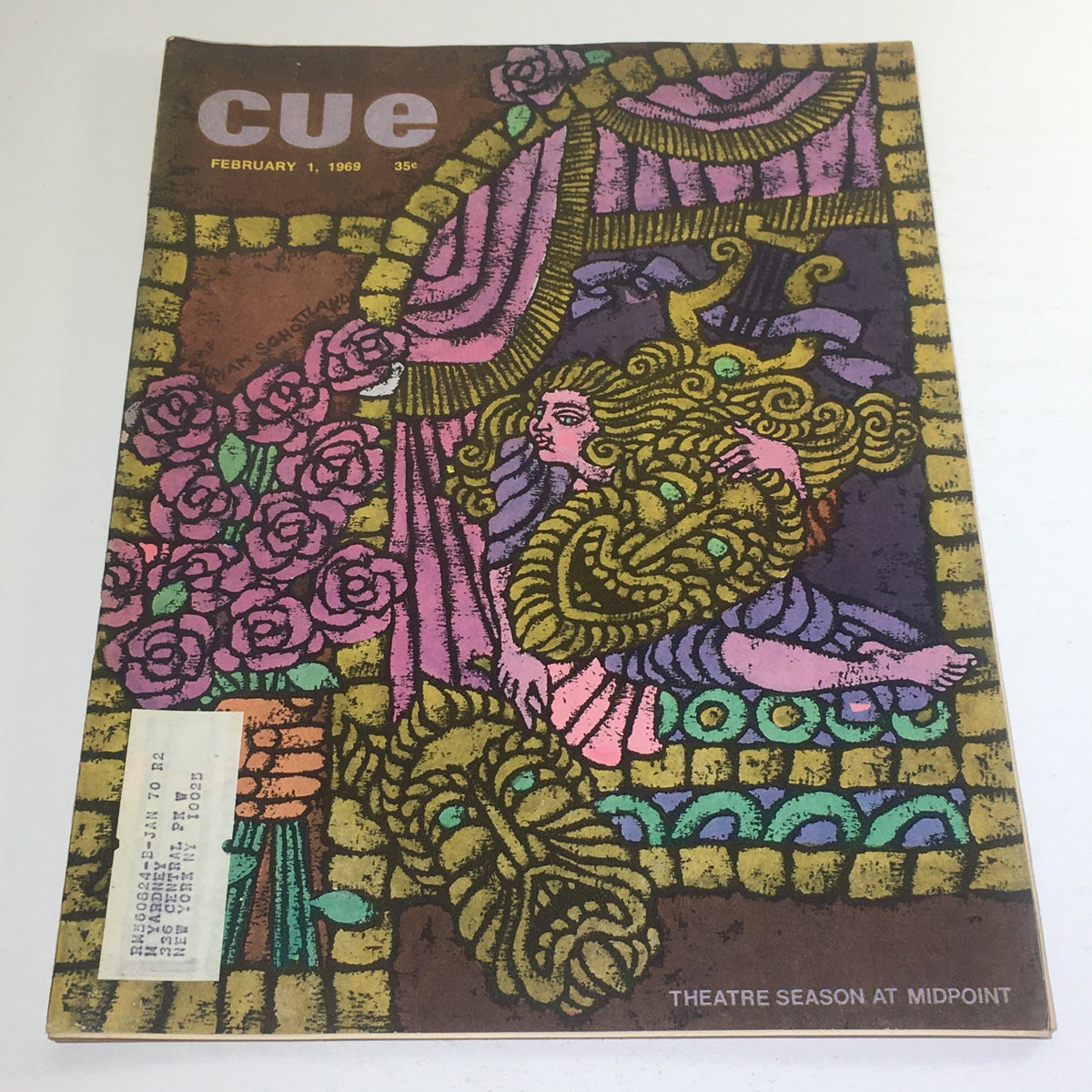 Cue Magazine cover from February 1, 1969, featuring vibrant artwork by Miriam Schottland, showcasing a colorful design with roses and theatrical elements, perfect for collectors and vintage magazine enthusiasts.