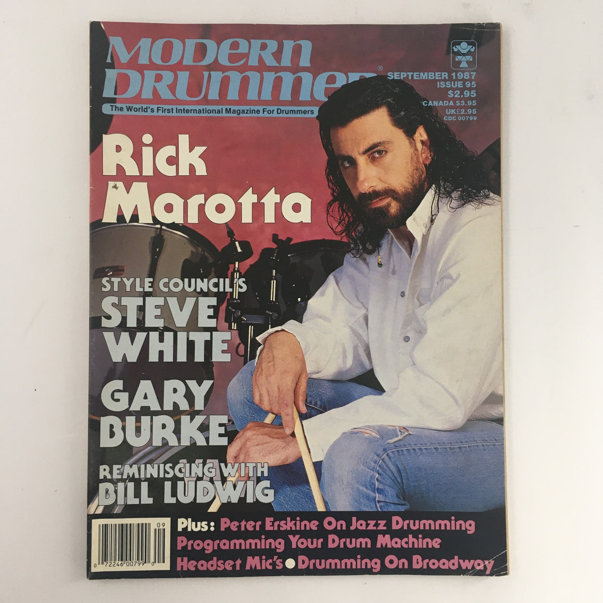 Cover of Modern Drummer Magazine from September 1987 featuring Rick Marotta, Steve White, and Gary Burke. Highlights include interviews and insights into renowned drumming techniques from the late 1980s.