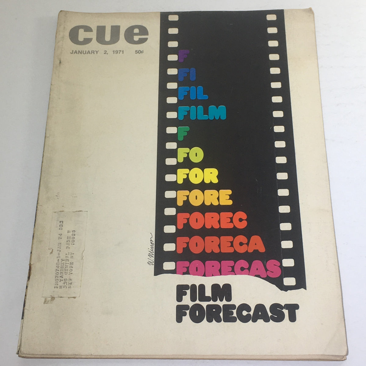 Cover of Cue Magazine from January 2, 1971, featuring a colorful Film Forecast theme cover designed by W. Minon, showcasing vibrant lettering and a film strip design.