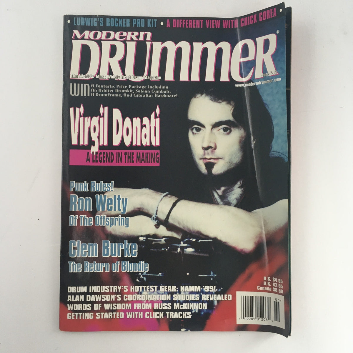 Cover of Modern Drummer Magazine June 1999 featuring Virgil Donati, Ron Welty, and Clem Burke, highlighting drumming insights and interviews.
