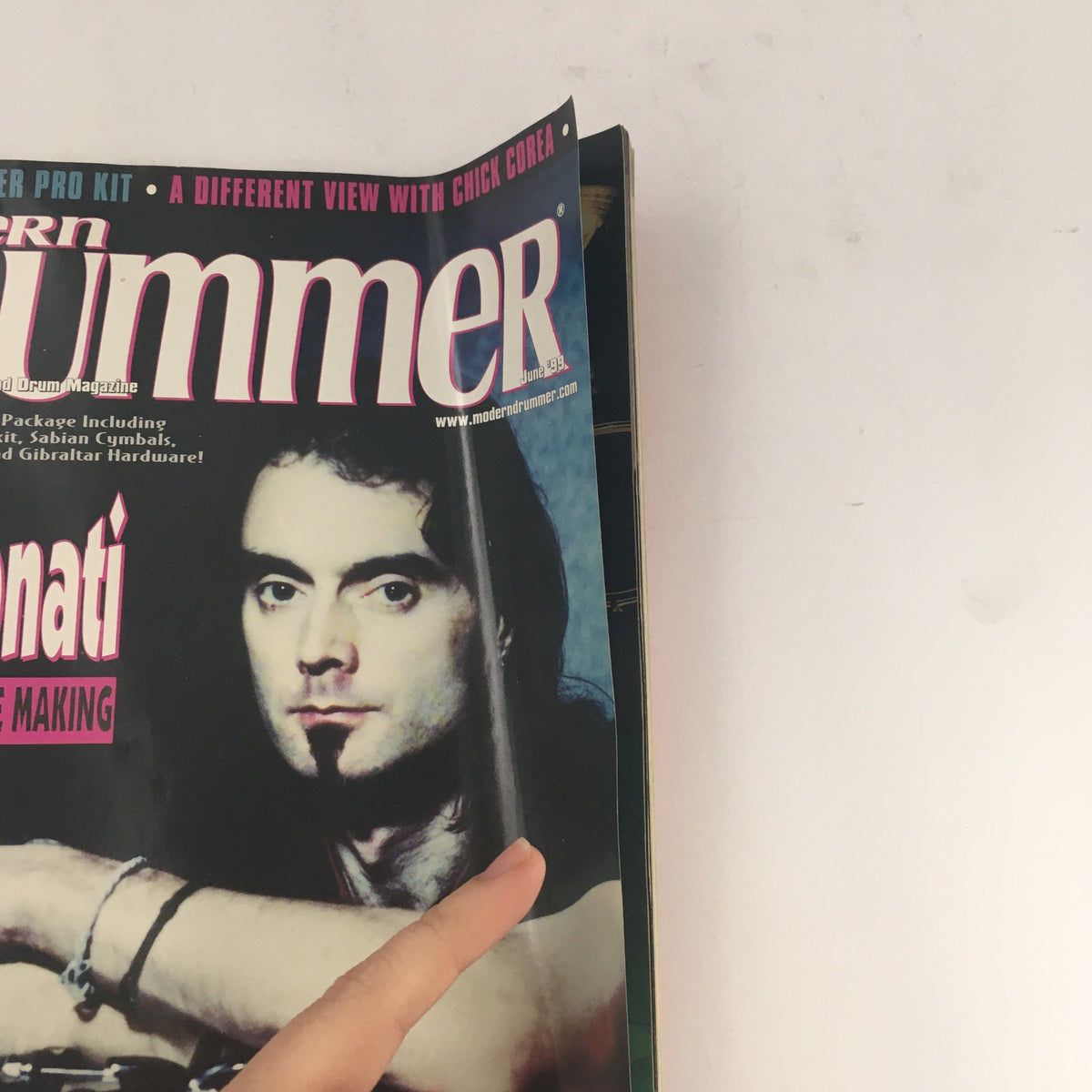 Detailed view of Modern Drummer Magazine June 1999 cover, featuring Virgil Donati with a focus on drumming techniques and artist reflections.