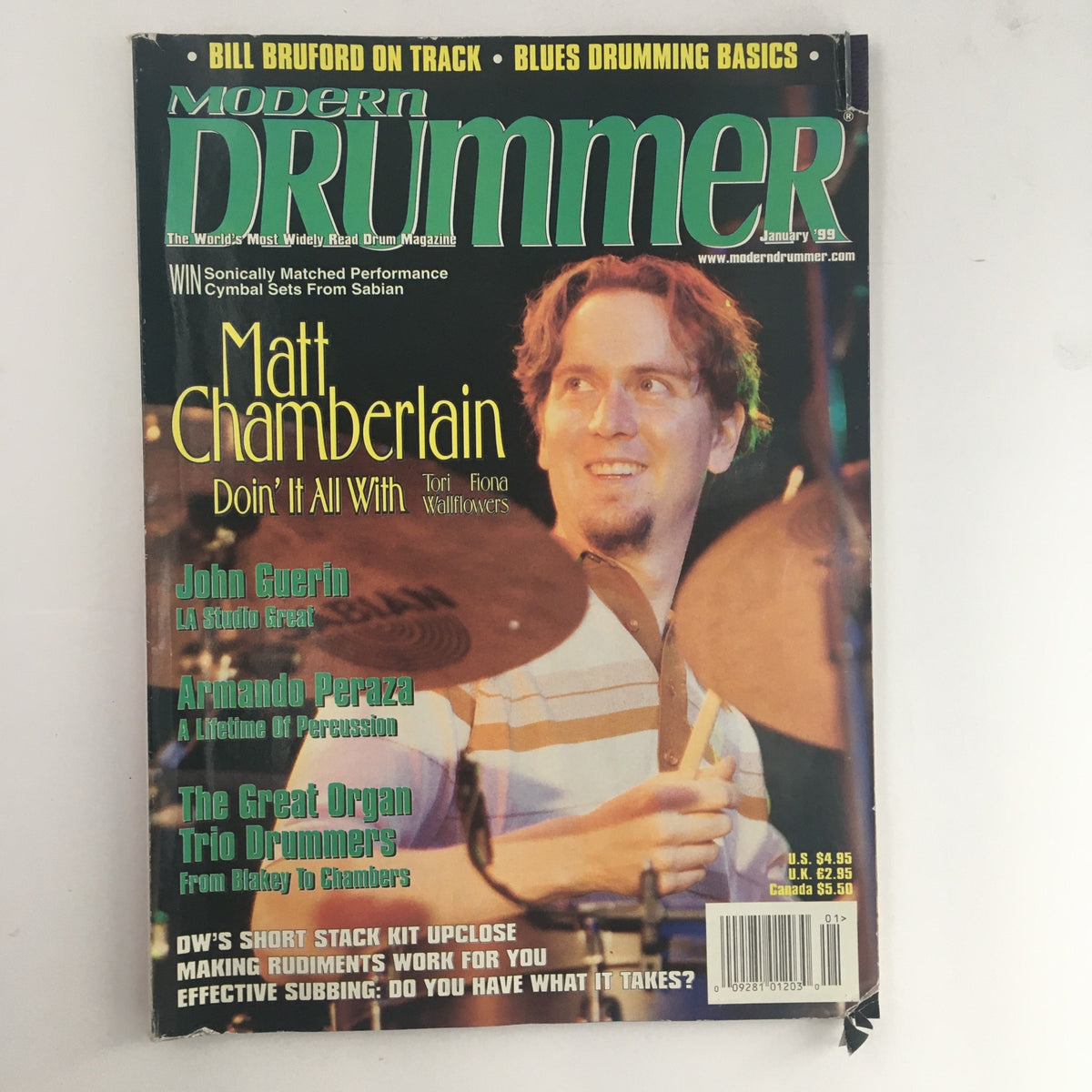 Modern Drummer Magazine January 1999 featuring Matt Chamberlain on the cover, showcasing articles about renowned drummers including John Guerin and Armando Peraza.