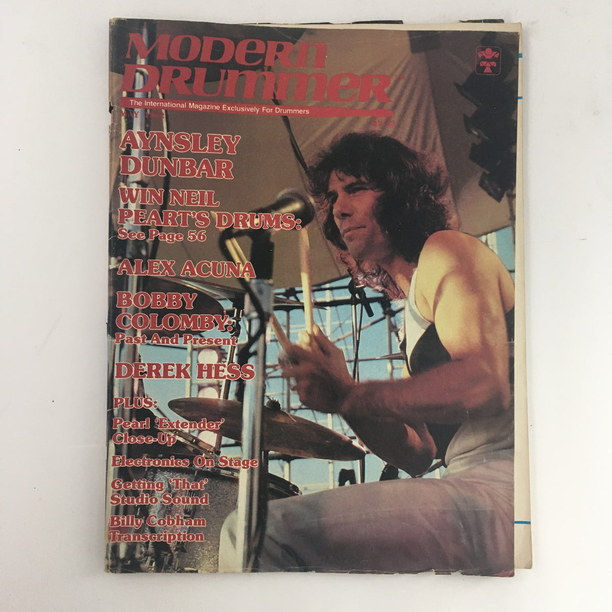 Cover of Modern Drummer Magazine May 1982 featuring Aynsley Dunbar, Neil Peart, Alex Acuna, and Derek Hess with a vibrant design reflecting the drumming culture of the early '80s.