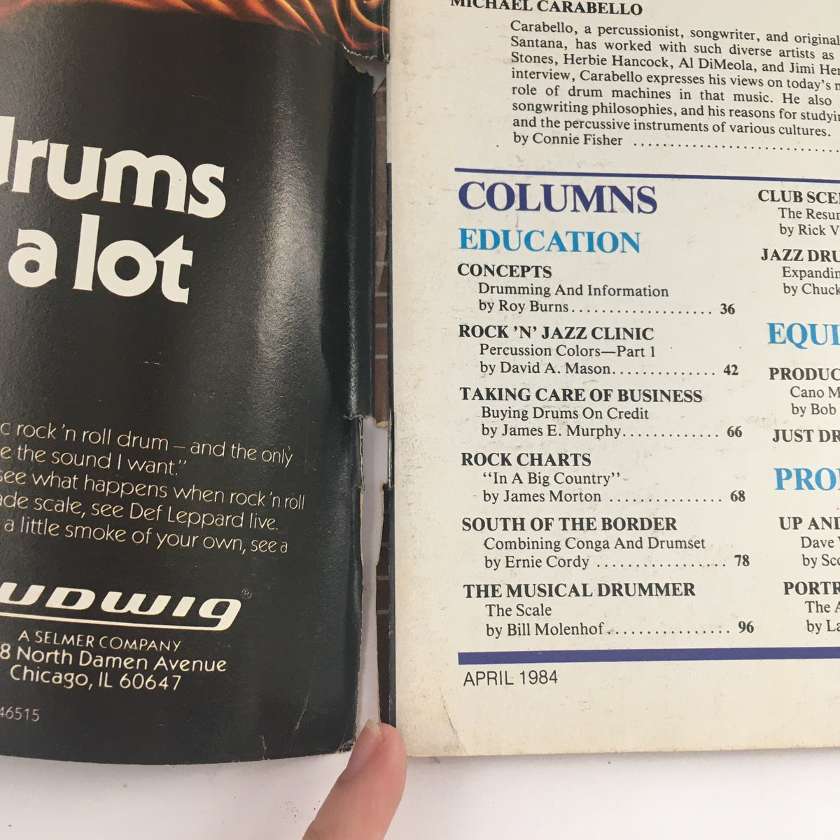 Table of contents from the April 1984 issue of Modern Drummer Magazine, featuring articles on drumming education and insights from renowned drummers, highlighting the vibrant music scene of the 1980s.