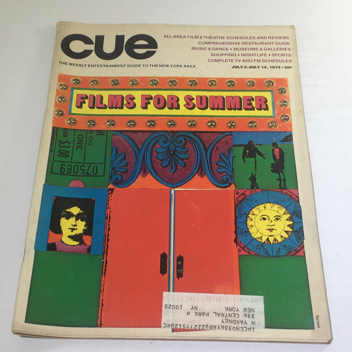 Cover of Cue Magazine from July 8-14, 1974, featuring the theme 'Films For Summer' with vibrant colors and designs by Barnett Newman.