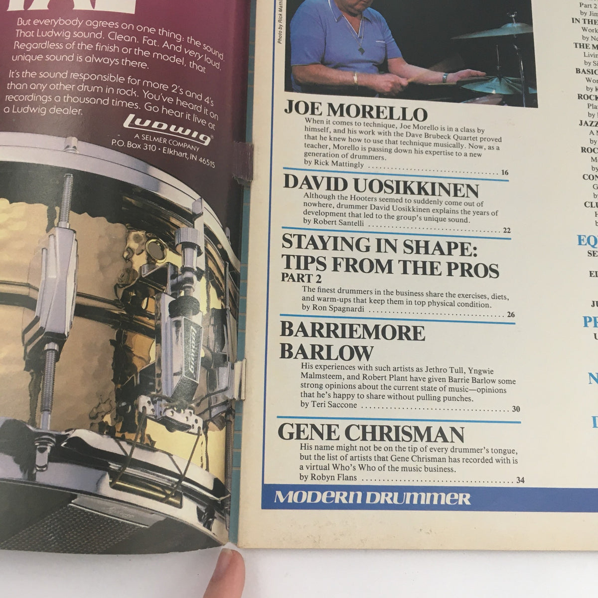 Inside page of Modern Drummer Magazine November 1986, showcasing article titles including Joe Morello, David Uosikkinen, and tips from pros, along with a visual of vibrant drum equipment.