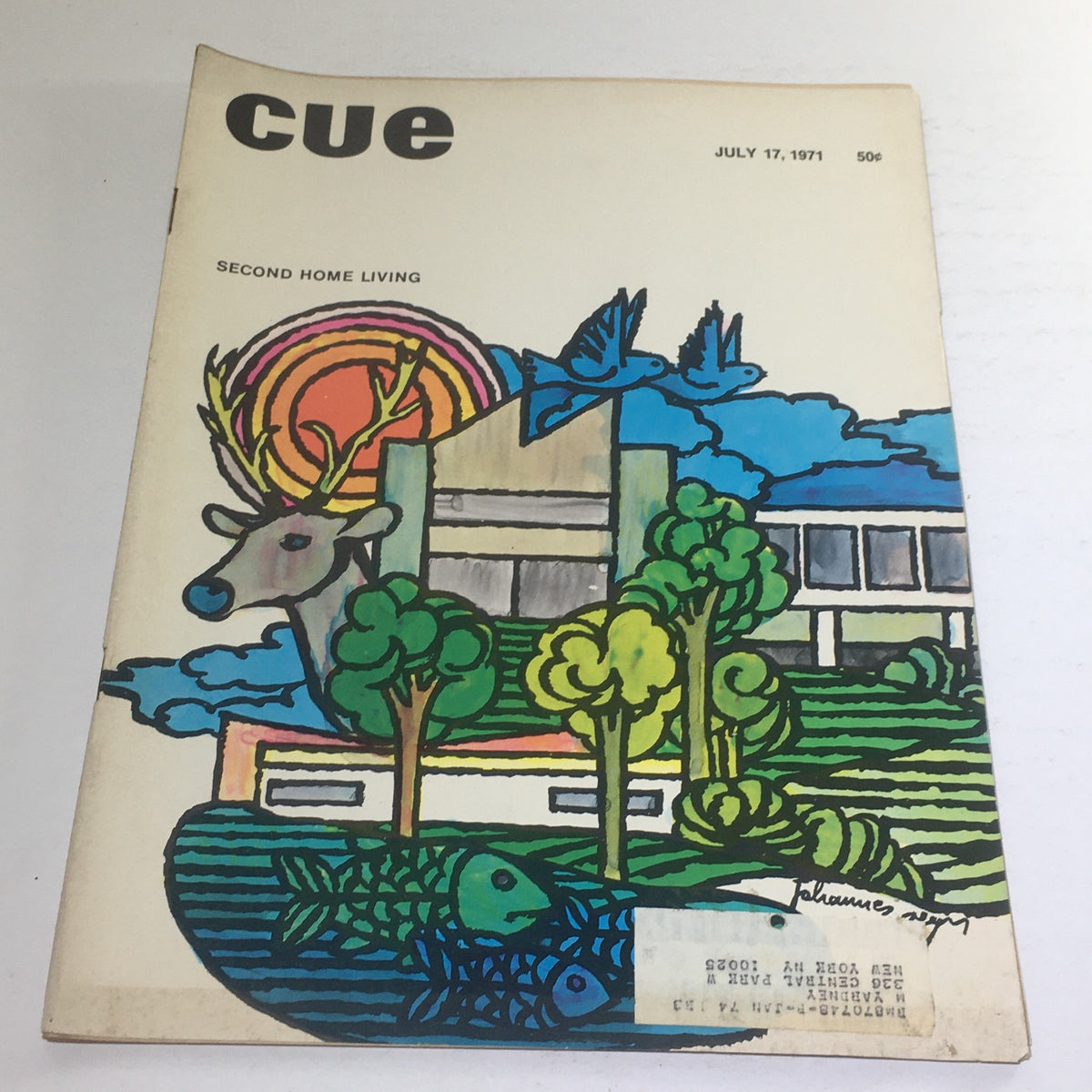 Cue Magazine cover from July 17, 1971, featuring a colorful illustration with a deer, trees, and fish, themed around Second Home Living.