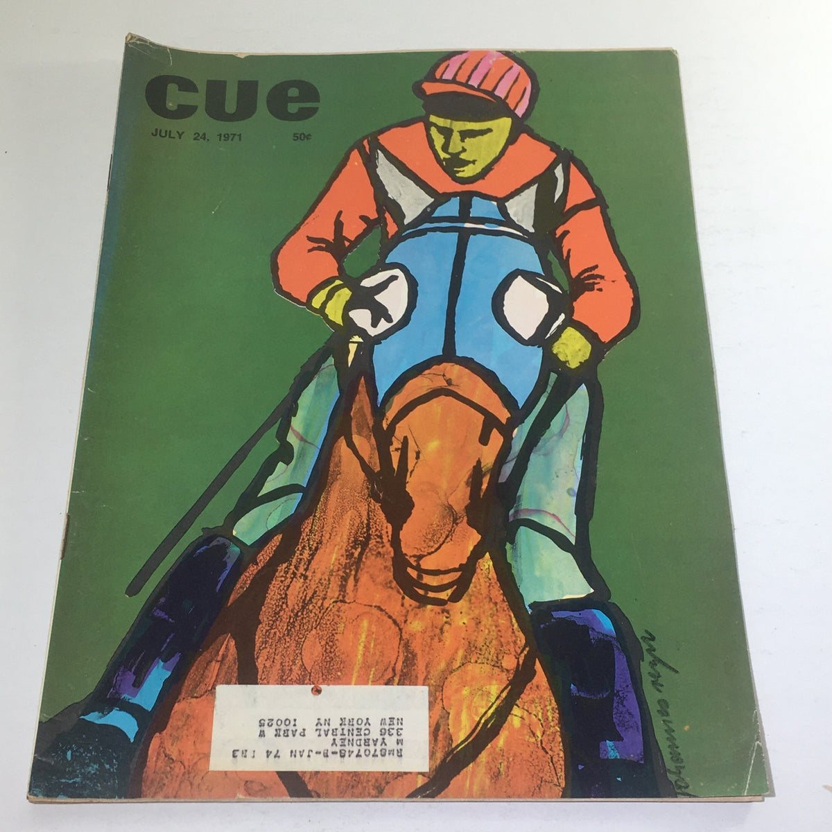 Cover of Cue Magazine from July 24, 1971, featuring a colorful illustration of a jockey riding a horse against a green background. This vintage collectible magazine is themed around horse racing, showcasing iconic artwork.