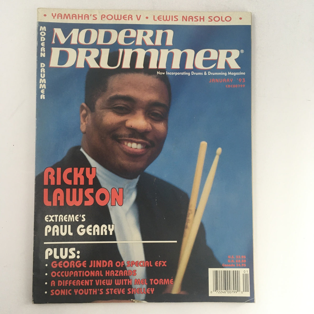 Cover of Modern Drummer Magazine January 1993 featuring Ricky Lawson, Paul Geary, and George Jinda, showcasing drumming insights from the 1990s.