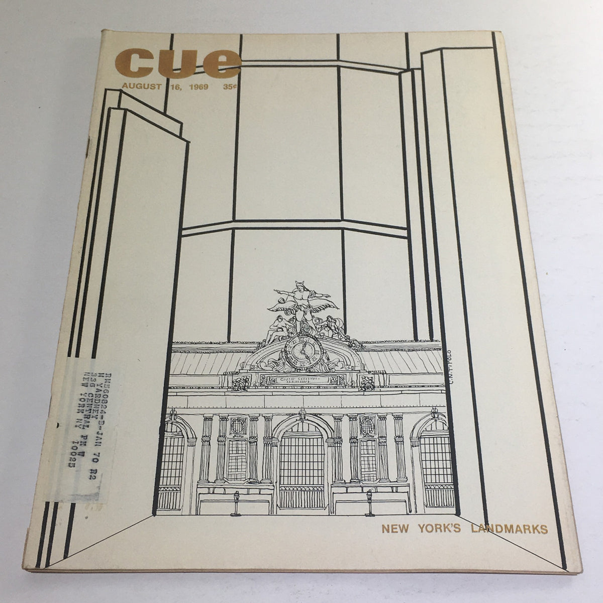 Cue Magazine August 16 1969 cover featuring an artistic representation of New York's landmarks designed by C.N. Titolo, showcasing iconic architectural details and a vintage address label.