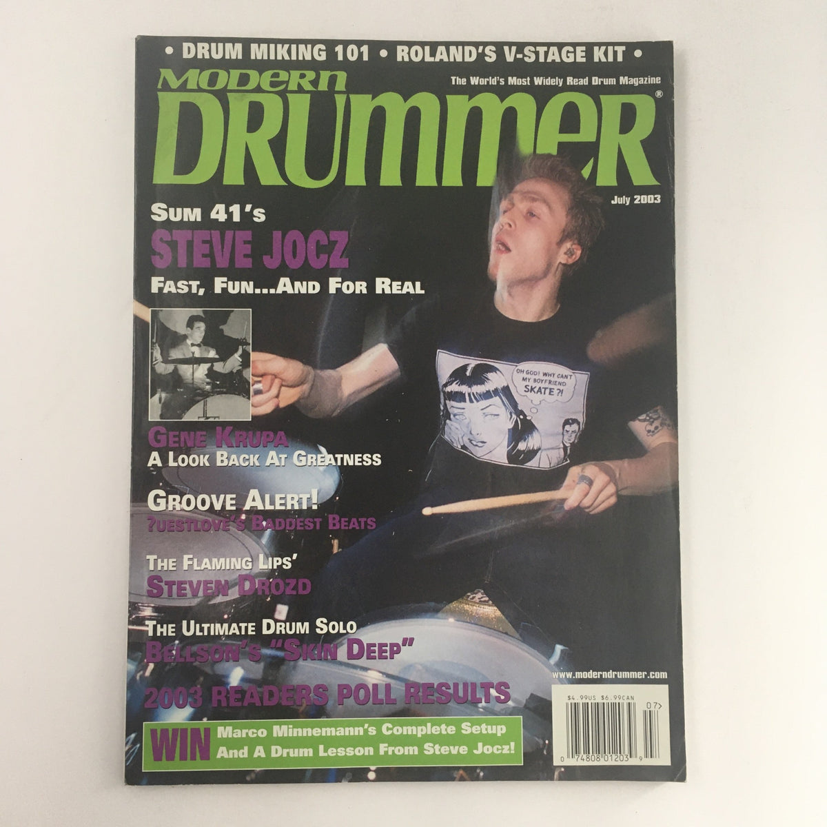 Cover of Modern Drummer Magazine, July 2003, featuring Steve Jocz, Gene Krupa, and Steven Drozd. Highlights include drum techniques, interviews, and insights into the music scene.