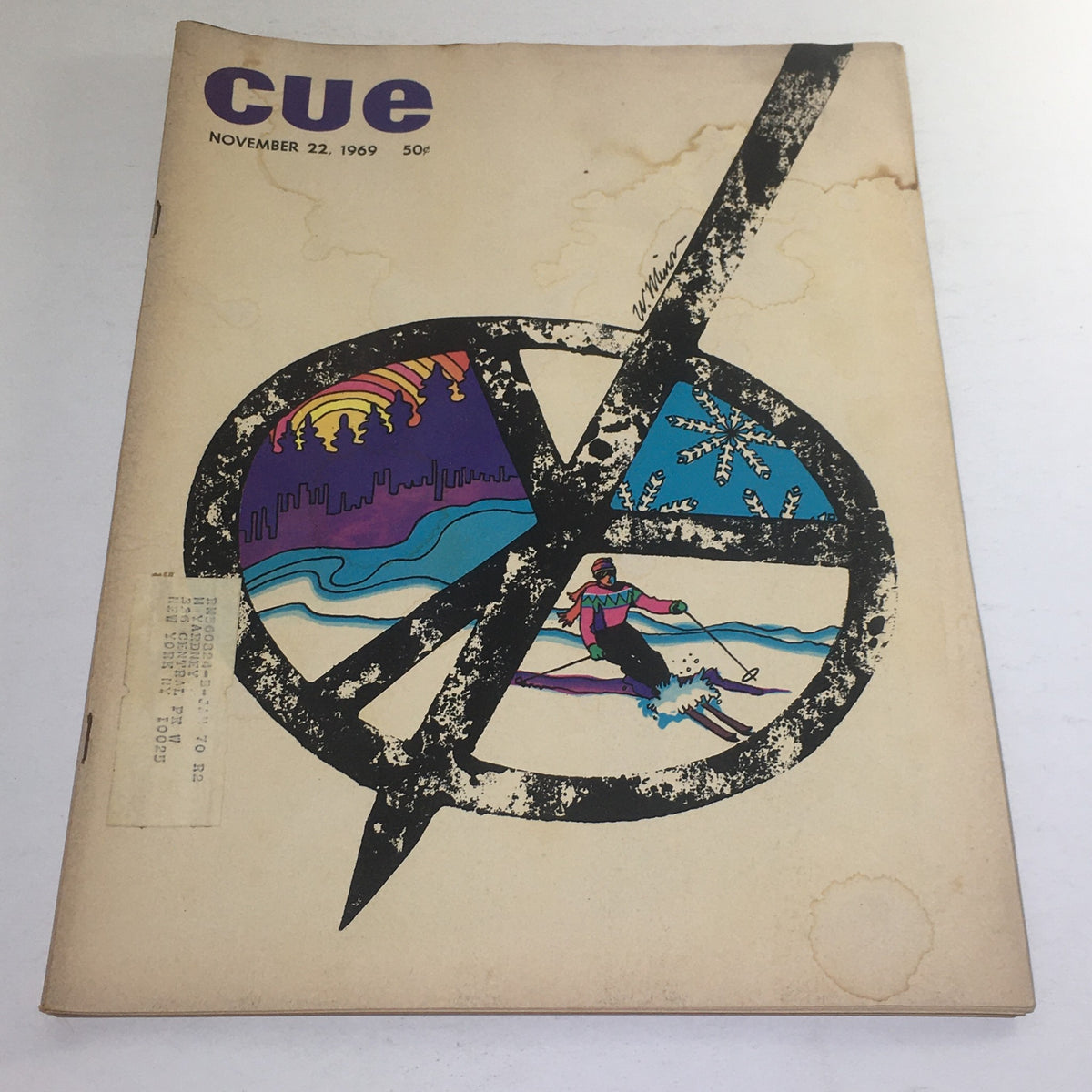 Cue Magazine: November 22, 1969 - Full cover featuring a distinctive theme design by W. Minon, showcasing vibrant colors and retro elements, perfect for collectors.