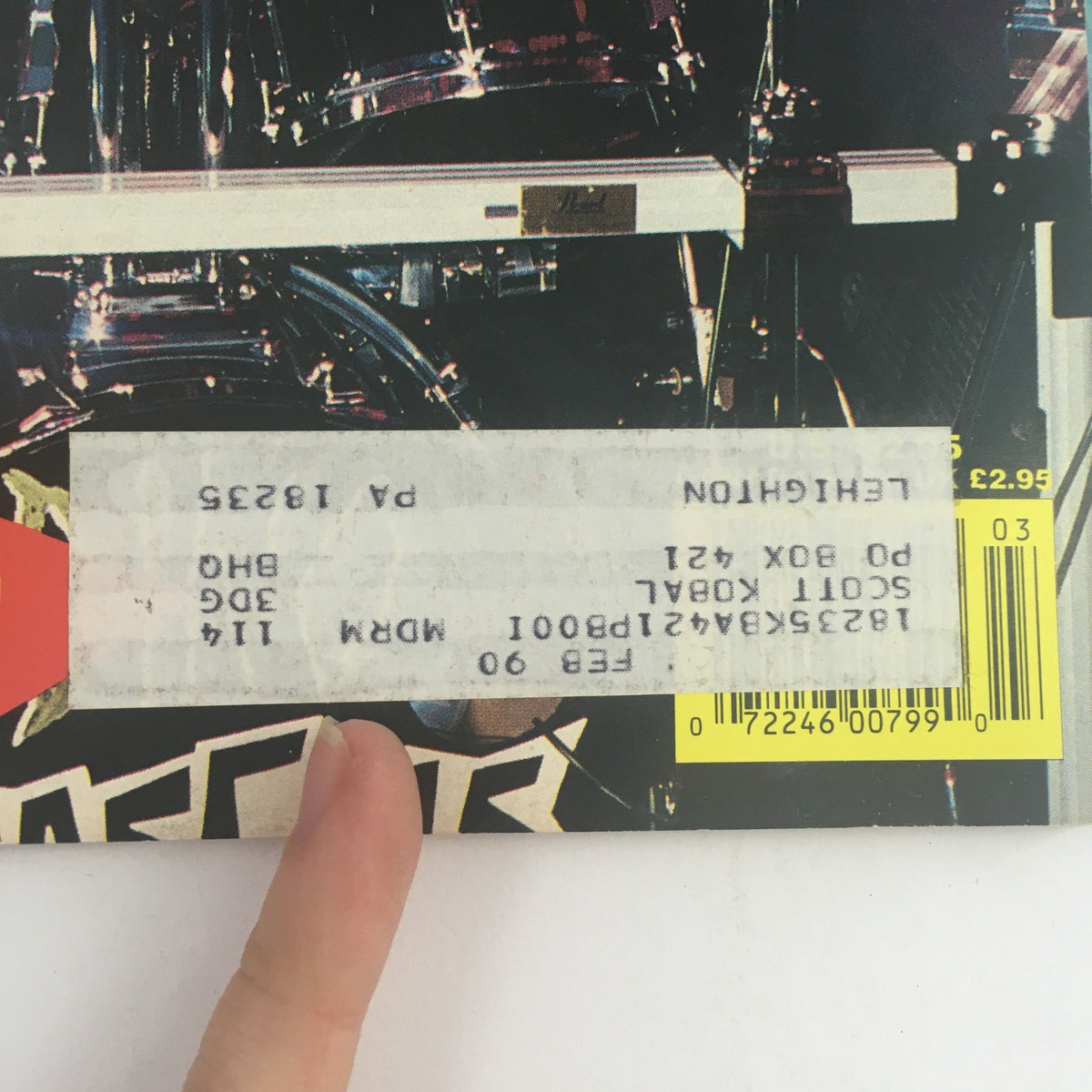 Back cover of Modern Drummer Magazine March 1989 showing price tag and address label, highlighting its collectible condition.