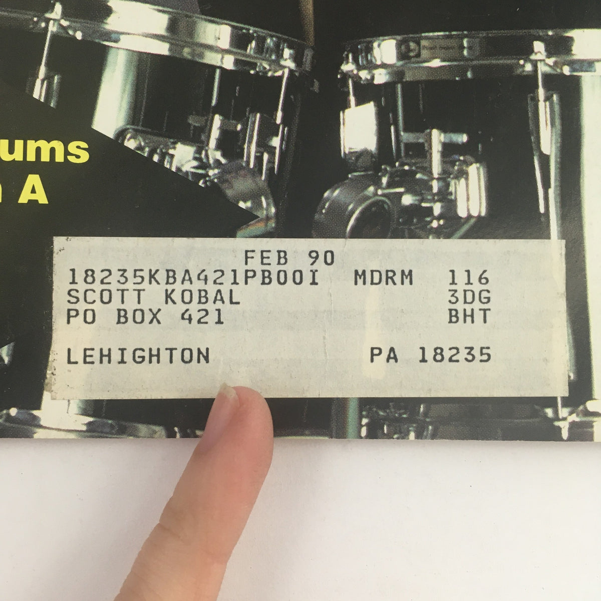 Address label on the back cover of Modern Drummer Magazine May 1989, showcasing collector information for the issue featuring Dennis Chambers, Chris Blackwell, and Bill Berg.