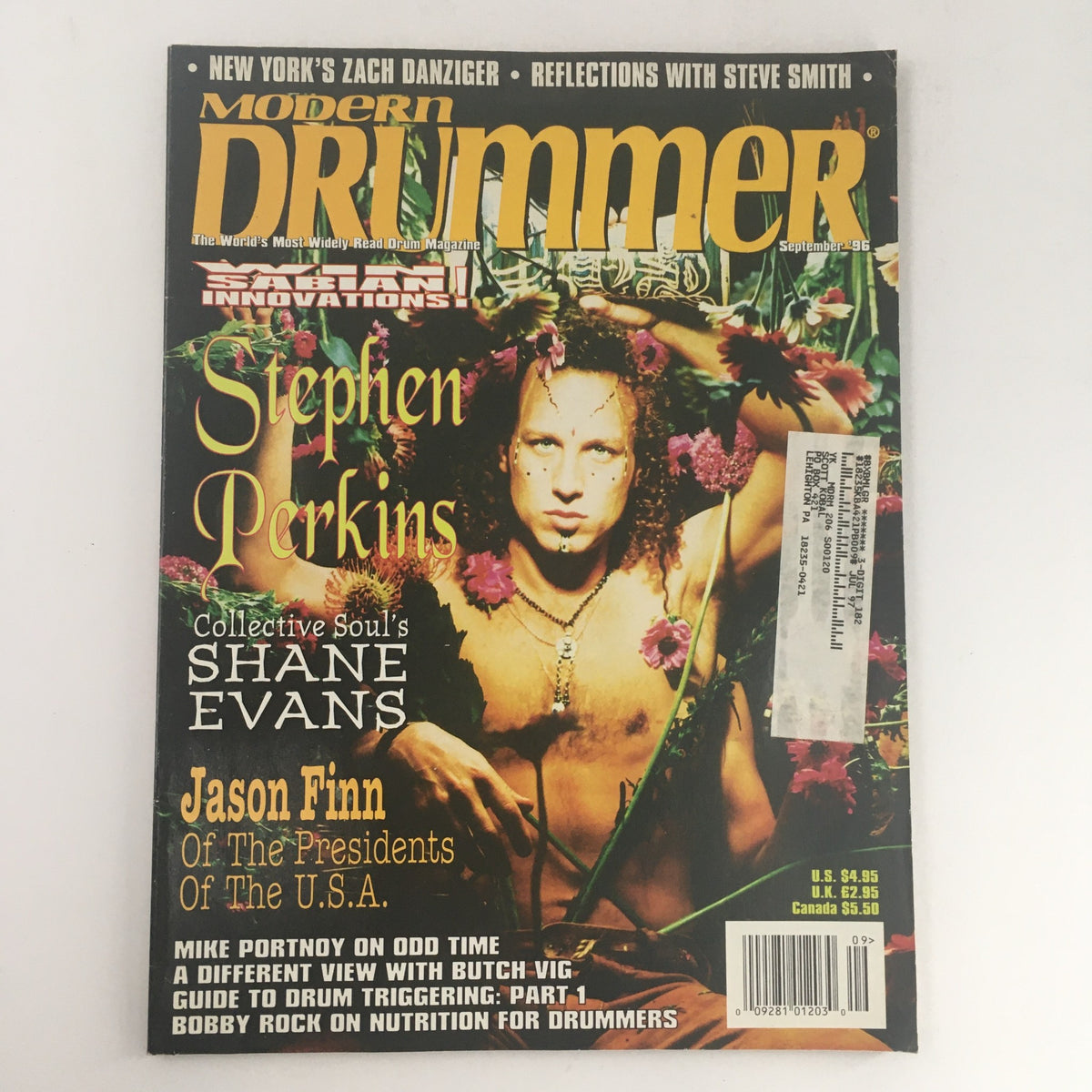 Cover of Modern Drummer Magazine September 1996 featuring Stephen Perkins, Shane Evans, and Jason Finn with floral background and text highlights.