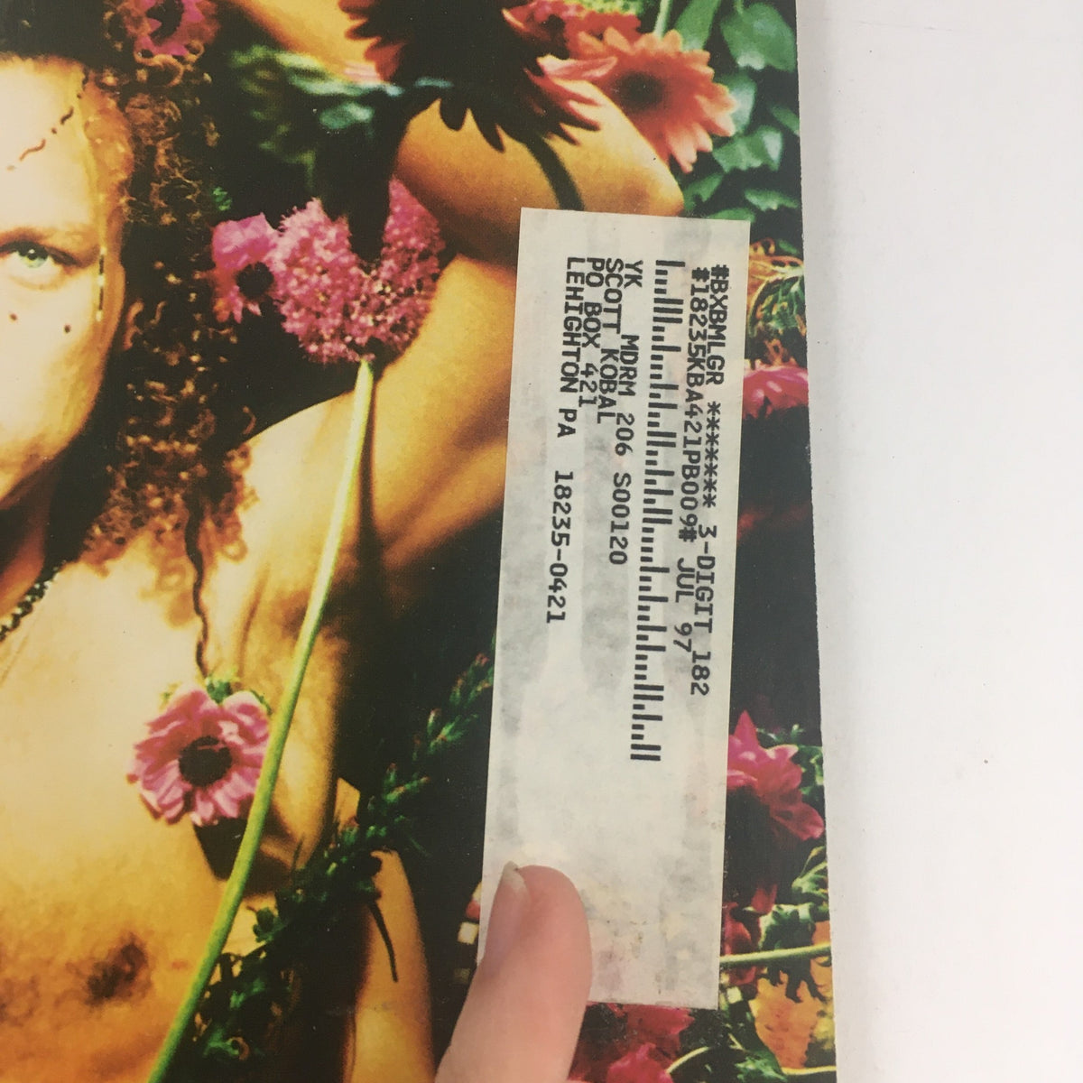 Close-up of the address label on the cover of Modern Drummer Magazine September 1996 featuring Stephen Perkins, Shane Evans, and Jason Finn.