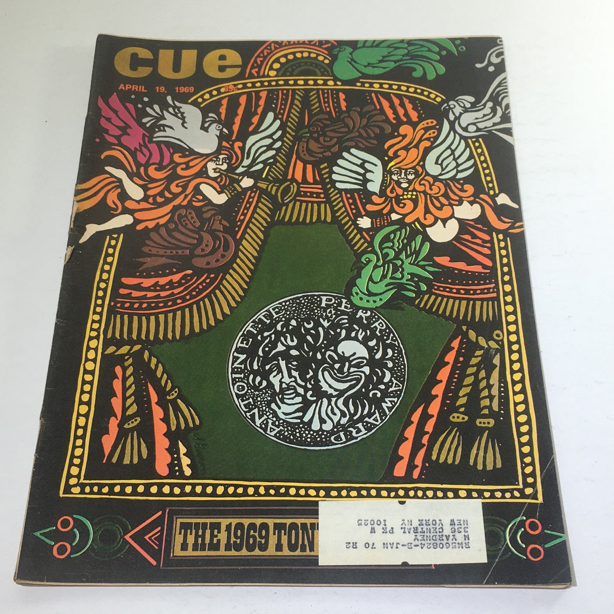 Cue Magazine: April 19, 1969 cover featuring the Anoinette Perry Award theme with vibrant illustrations.