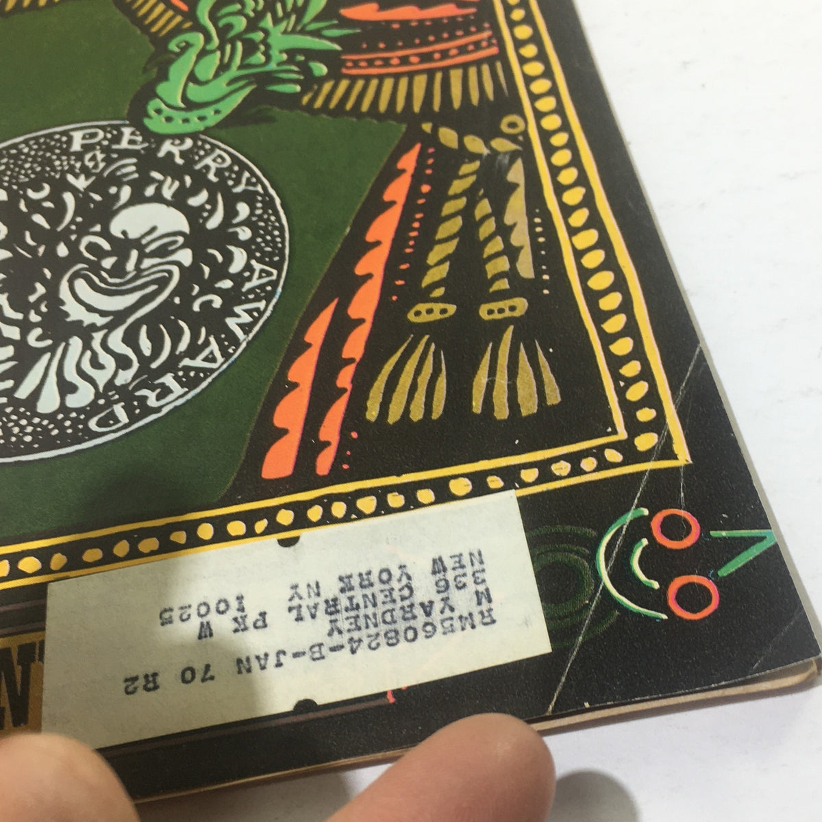 Close-up of the Cue Magazine cover from April 19, 1969, highlighting the Anoinette Perry Award artwork and address label.