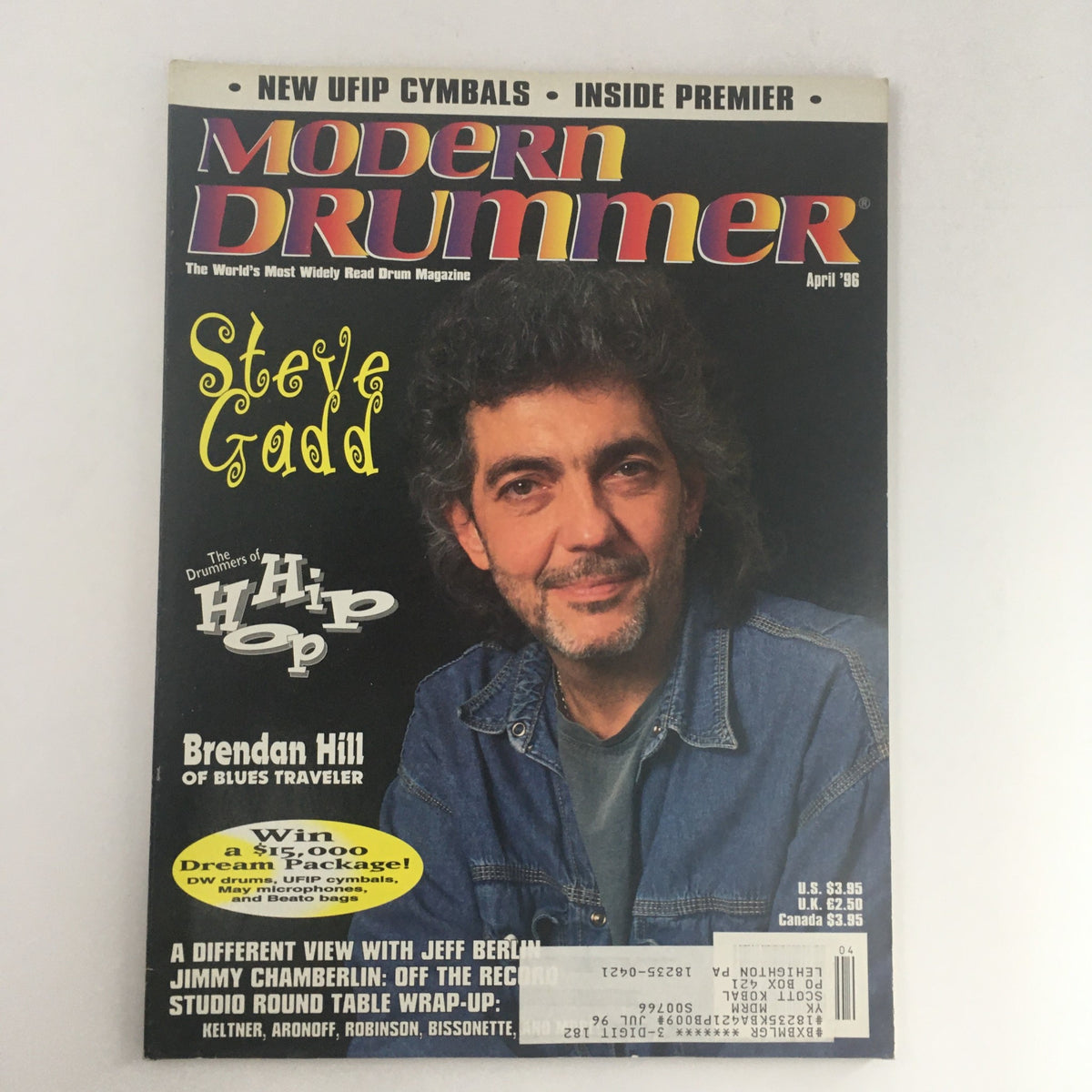Modern Drummer Magazine April 1996 cover featuring drummers Steve Gadd, Brendan Hill, and Jimmy Chamberlin with a promotional message regarding drumming techniques and hip hop.