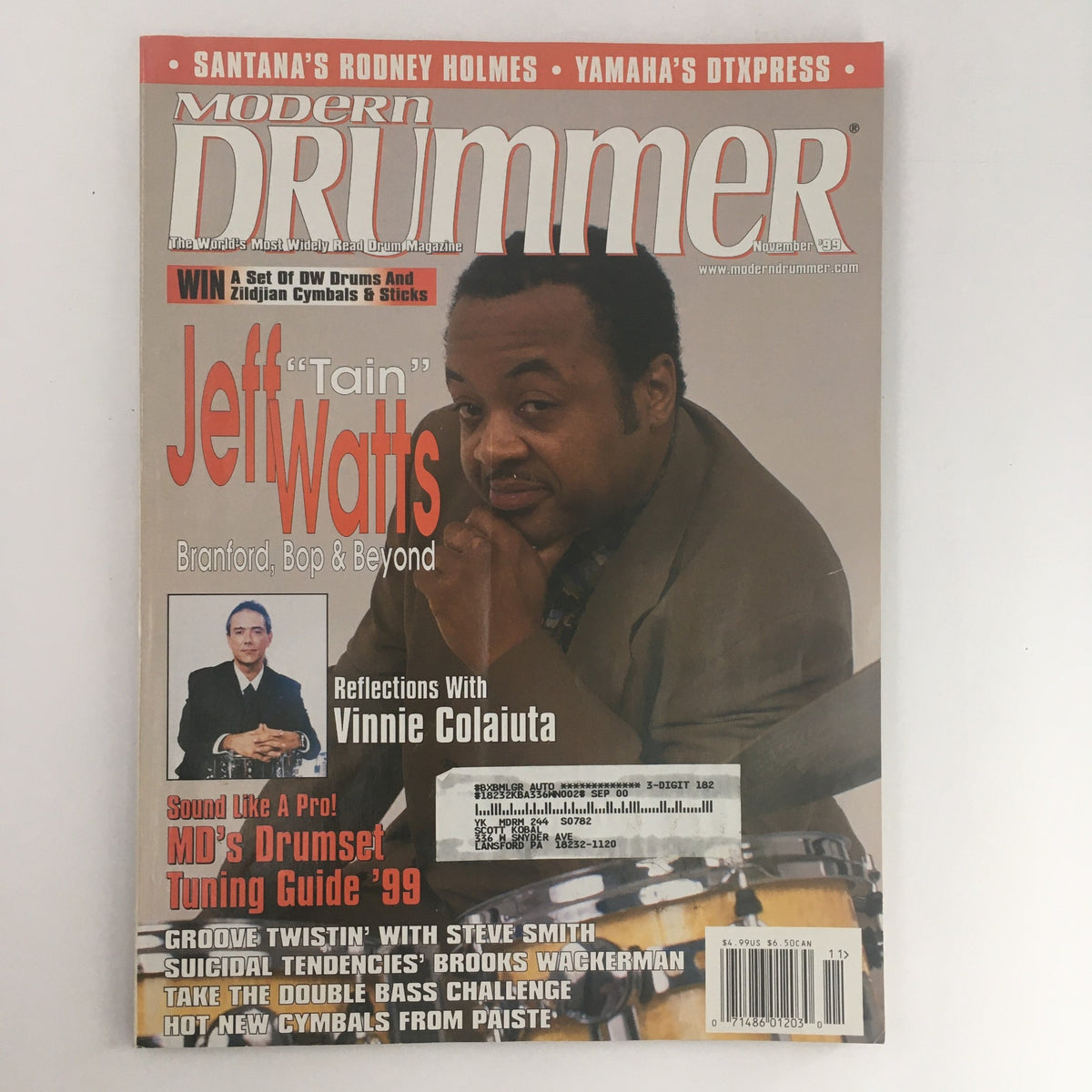 Cover of Modern Drummer Magazine November 1999 featuring Jeff 'Tain' Watts and Vinnie Colaiuta. This vintage magazine highlights insights into the drumming scene and includes interviews with renowned drummers.