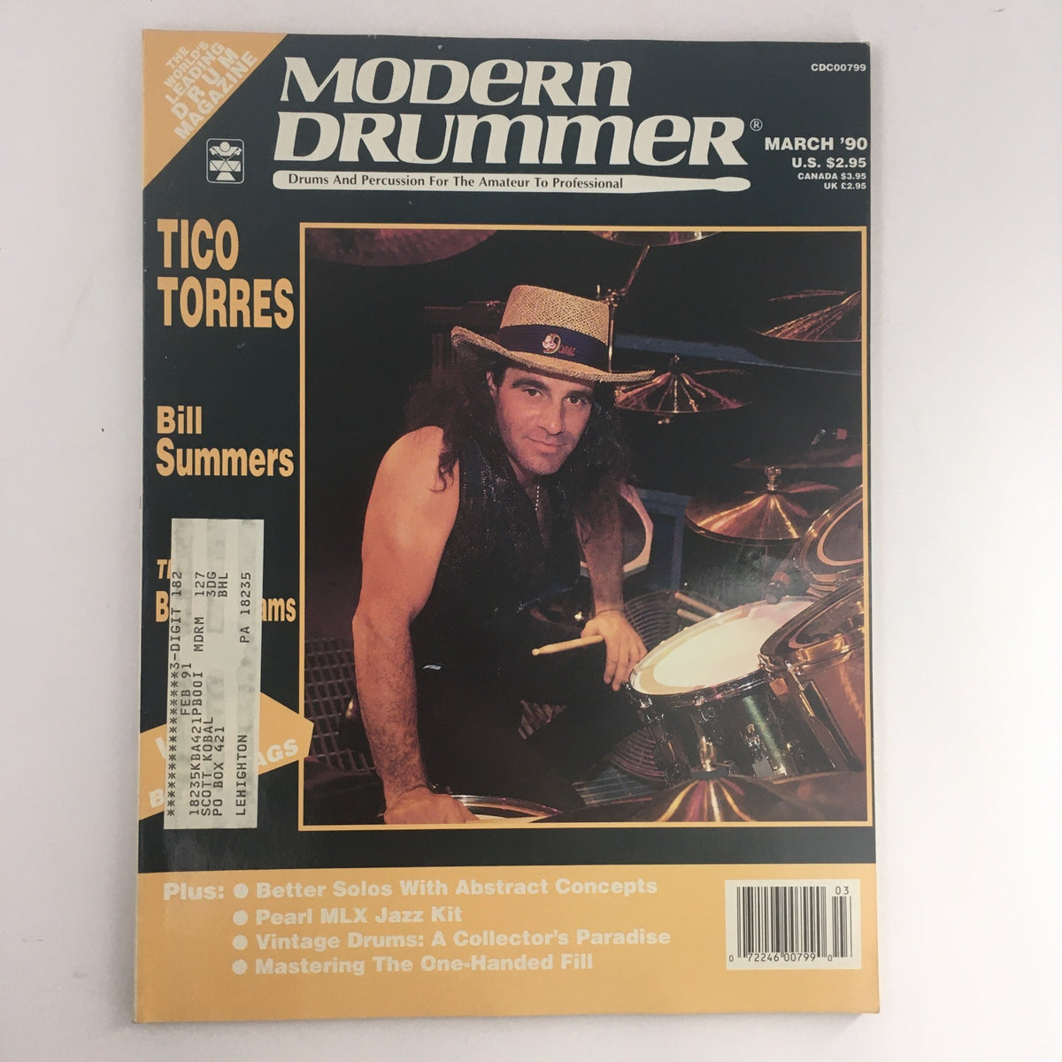 Cover of Modern Drummer Magazine March 1990 featuring Tico Torres and Bill Summers with a focus on jazz drumming and the Pearl MLX series.