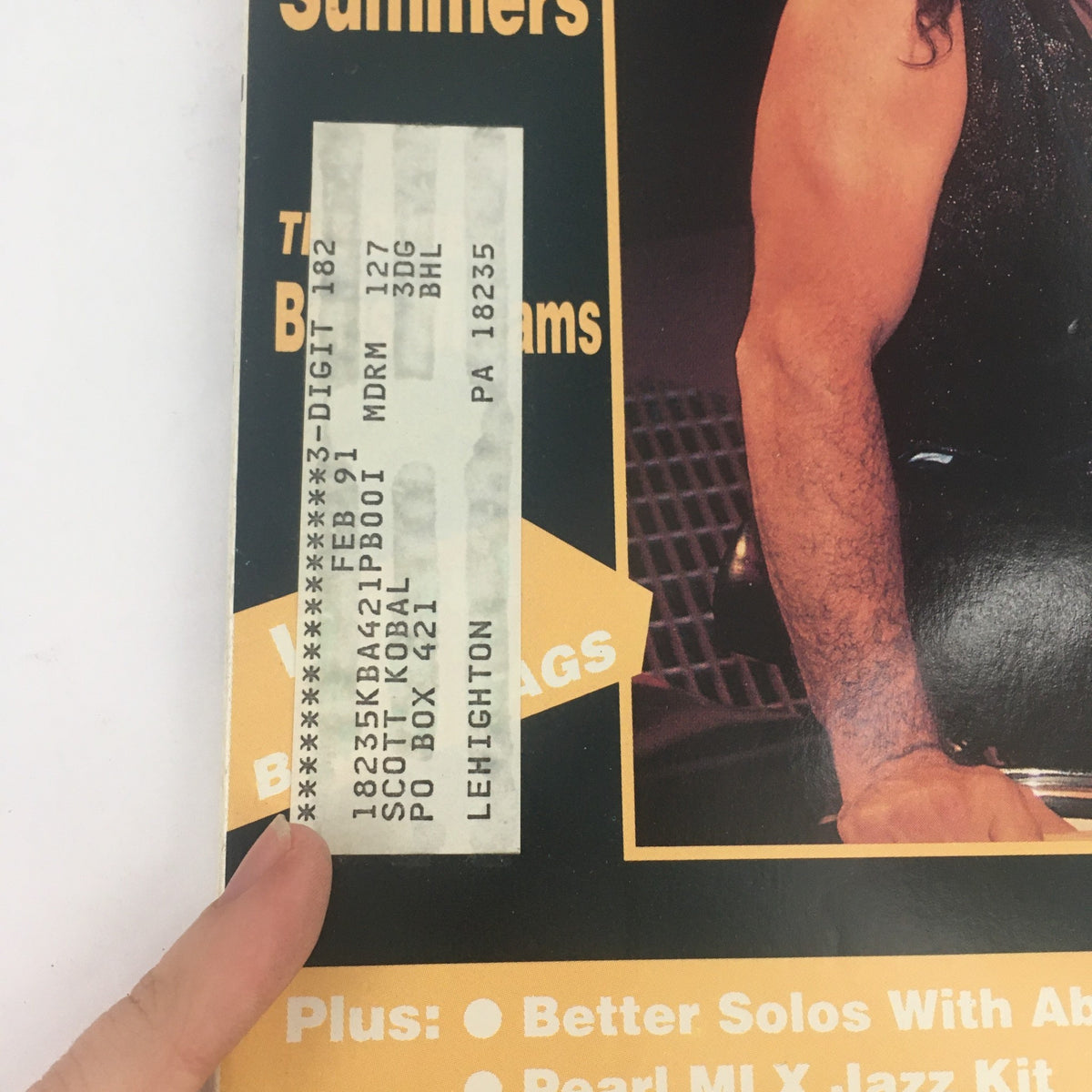Detail of the address label on the cover of Modern Drummer Magazine March 1990 featuring Tico Torres and Bill Summers.