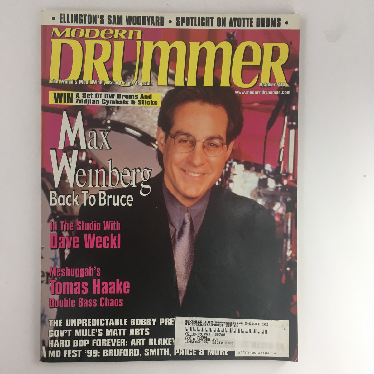 Cover of Modern Drummer Magazine October 1999 featuring Max Weinberg, Dave Weckl, and Tomas Haake, showcasing insights and stories from renowned drummers.