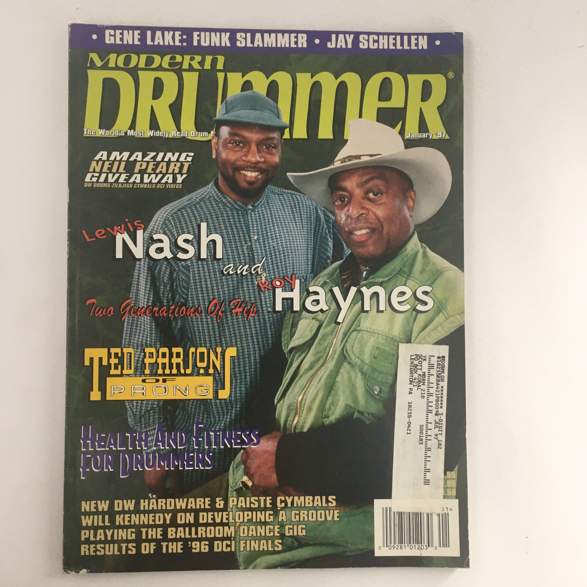Cover of Modern Drummer Magazine January 1997 featuring Lewis Nash, Roy Haynes, and Ted Parsons, highlighting topics such as health and fitness for drummers, and showcasing the latest drumming gear.