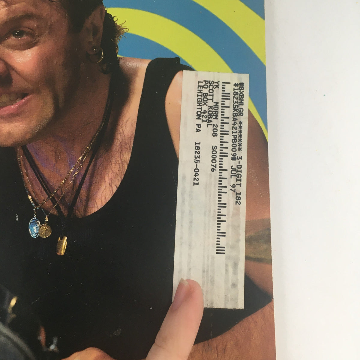 Close-up view of the cover of Modern Drummer Magazine November 1996 showing Lars Ulrich with an address label and details of the issue.
